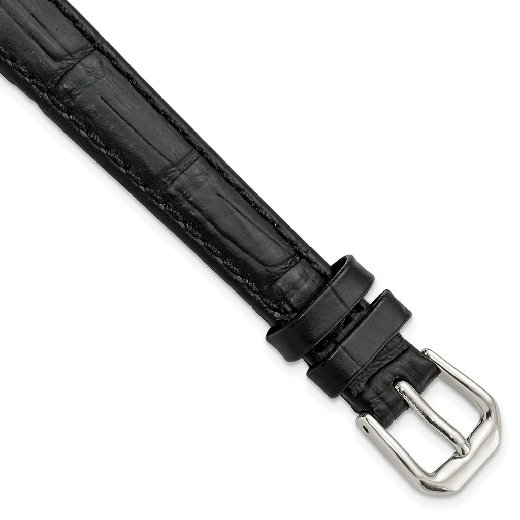 12mm Black Matte Wild Alligator Grain Leather with Silver-tone Buckle 6.75 inch  Watch Band