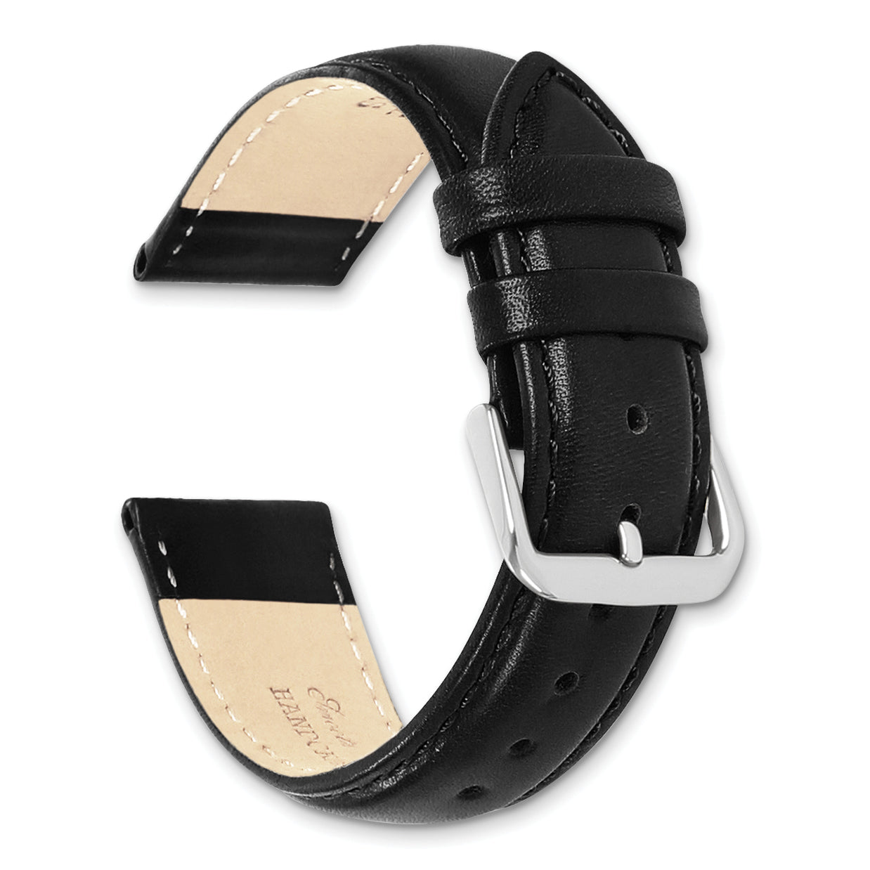 16mm Extra Long Black Smooth Leather with Silver-tone 9.5 inch Watch Band