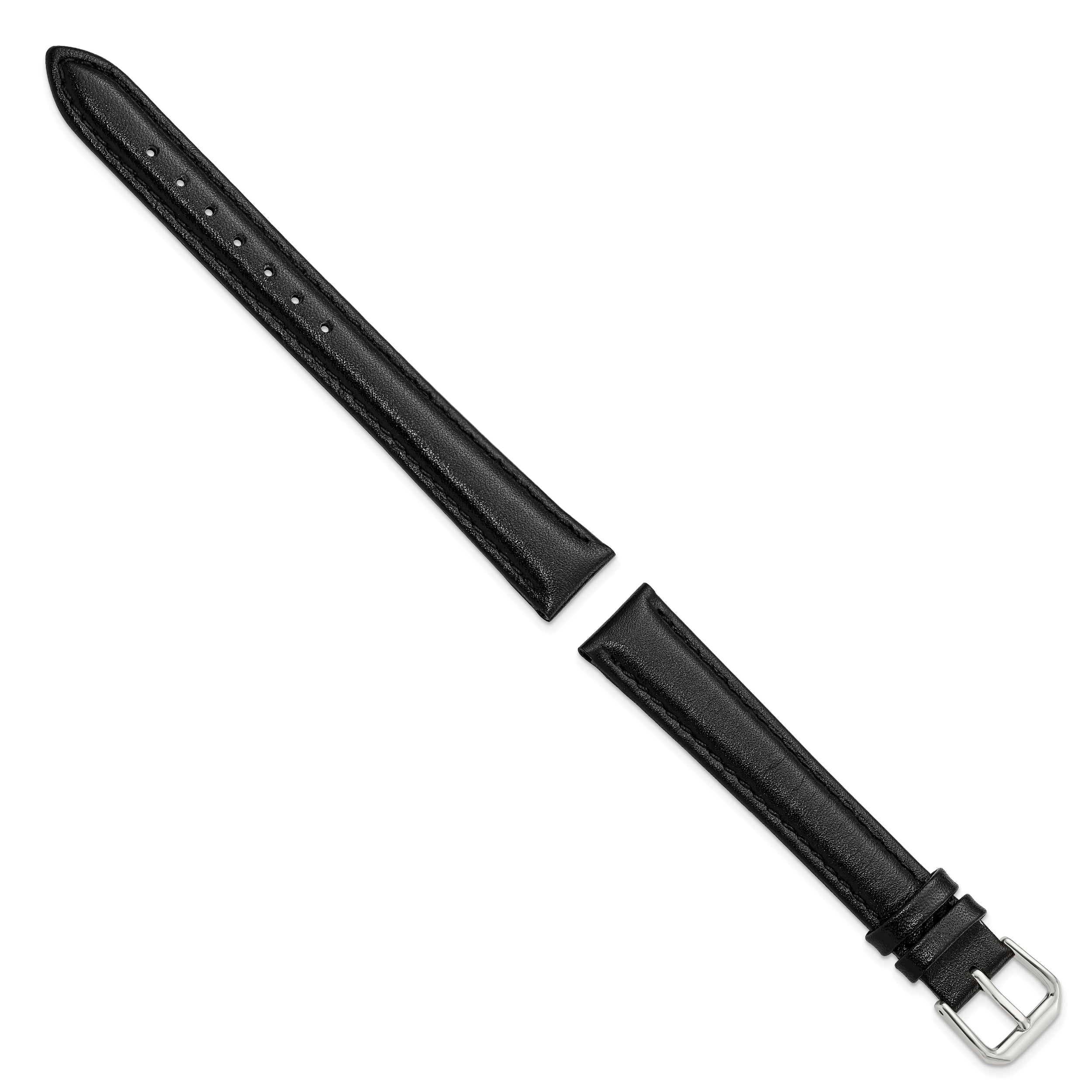 16mm Extra Long Black Smooth Leather with Silver-tone 9.5 inch Watch Band