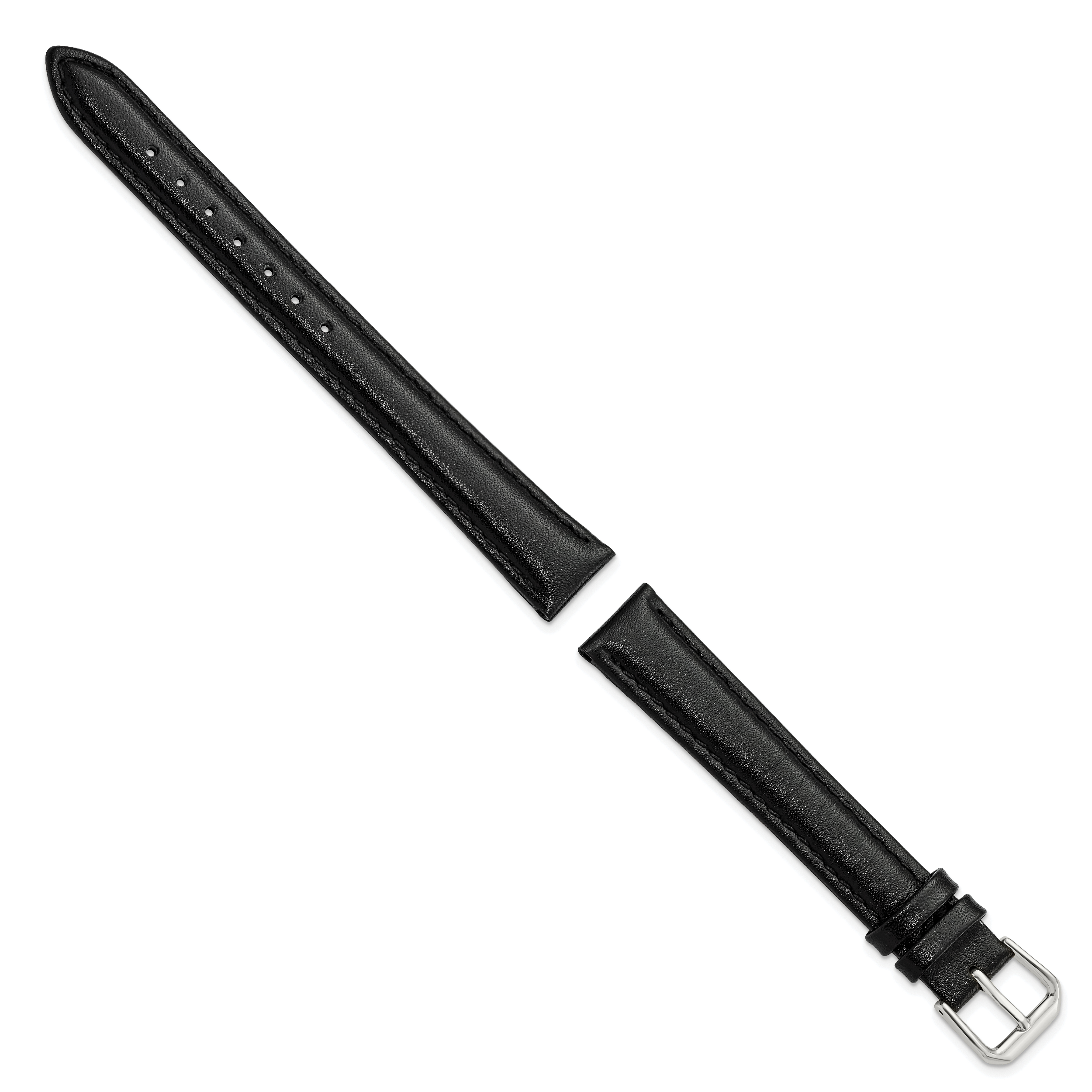 16mm Extra Long Black Smooth Leather with Silver-tone 9.5 inch Watch Band