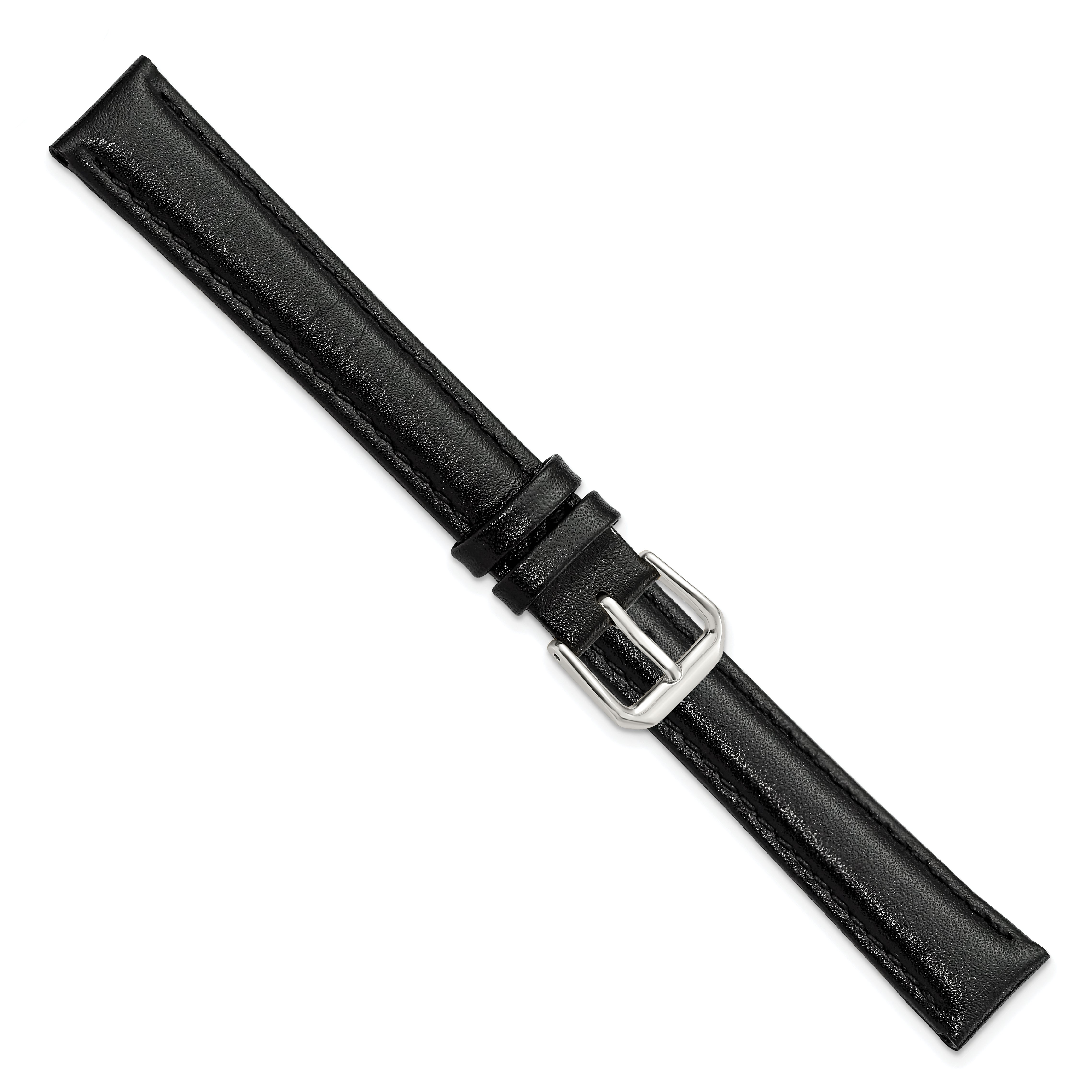 16mm Extra Long Black Smooth Leather with Silver-tone 9.5 inch Watch Band