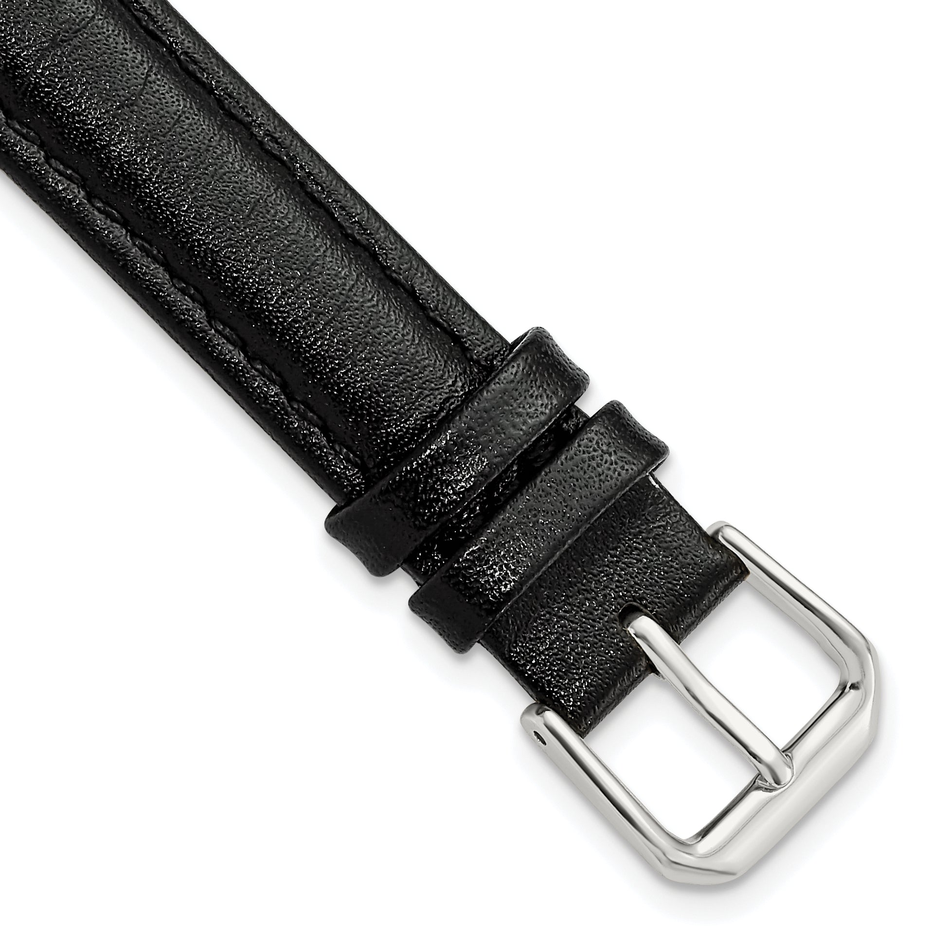 16mm Extra Long Black Smooth Leather with Silver-tone 9.5 inch Watch Band