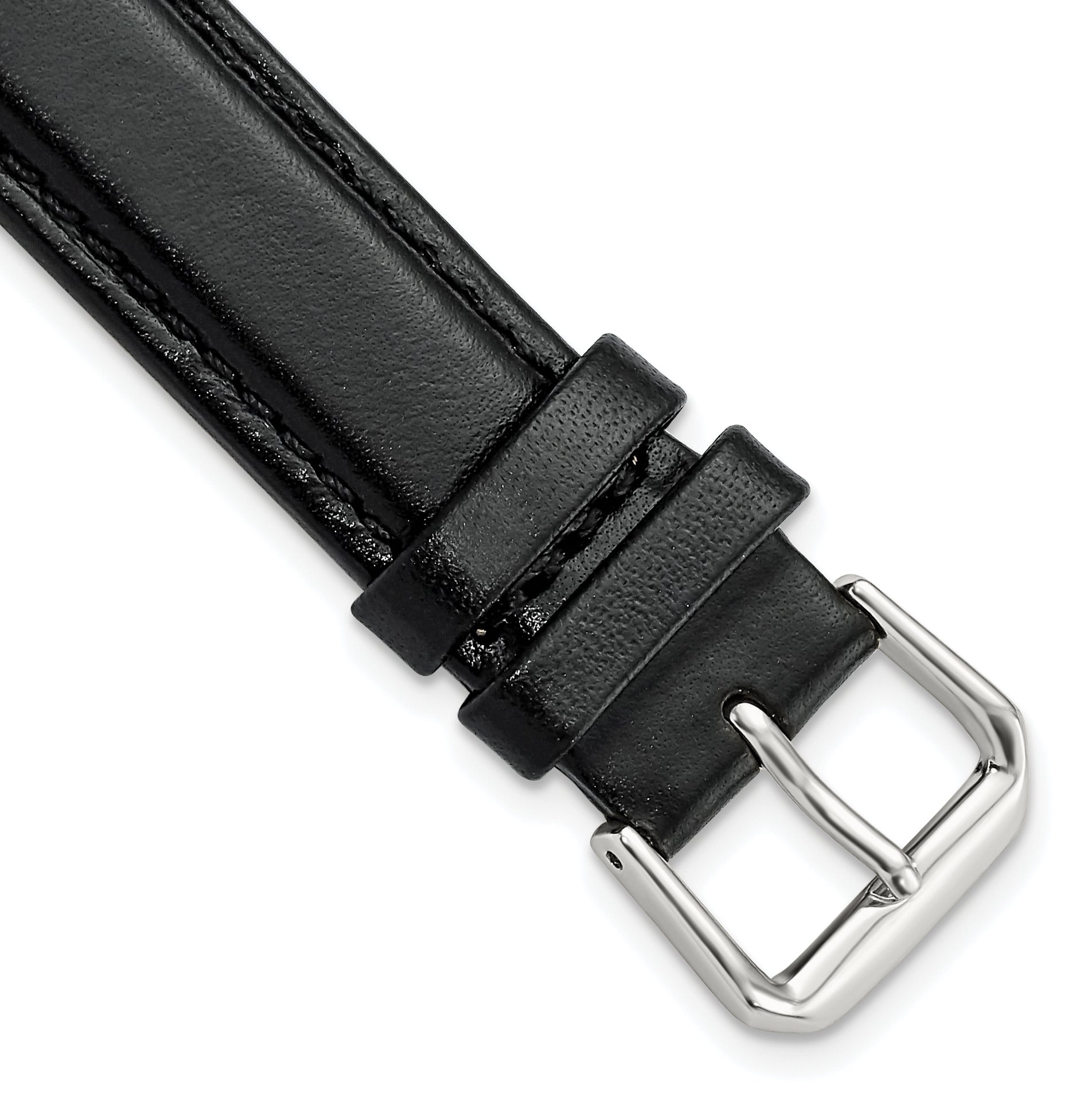 16mm Extra Long Black Smooth Leather with Silver-tone 9.5 inch Watch Band