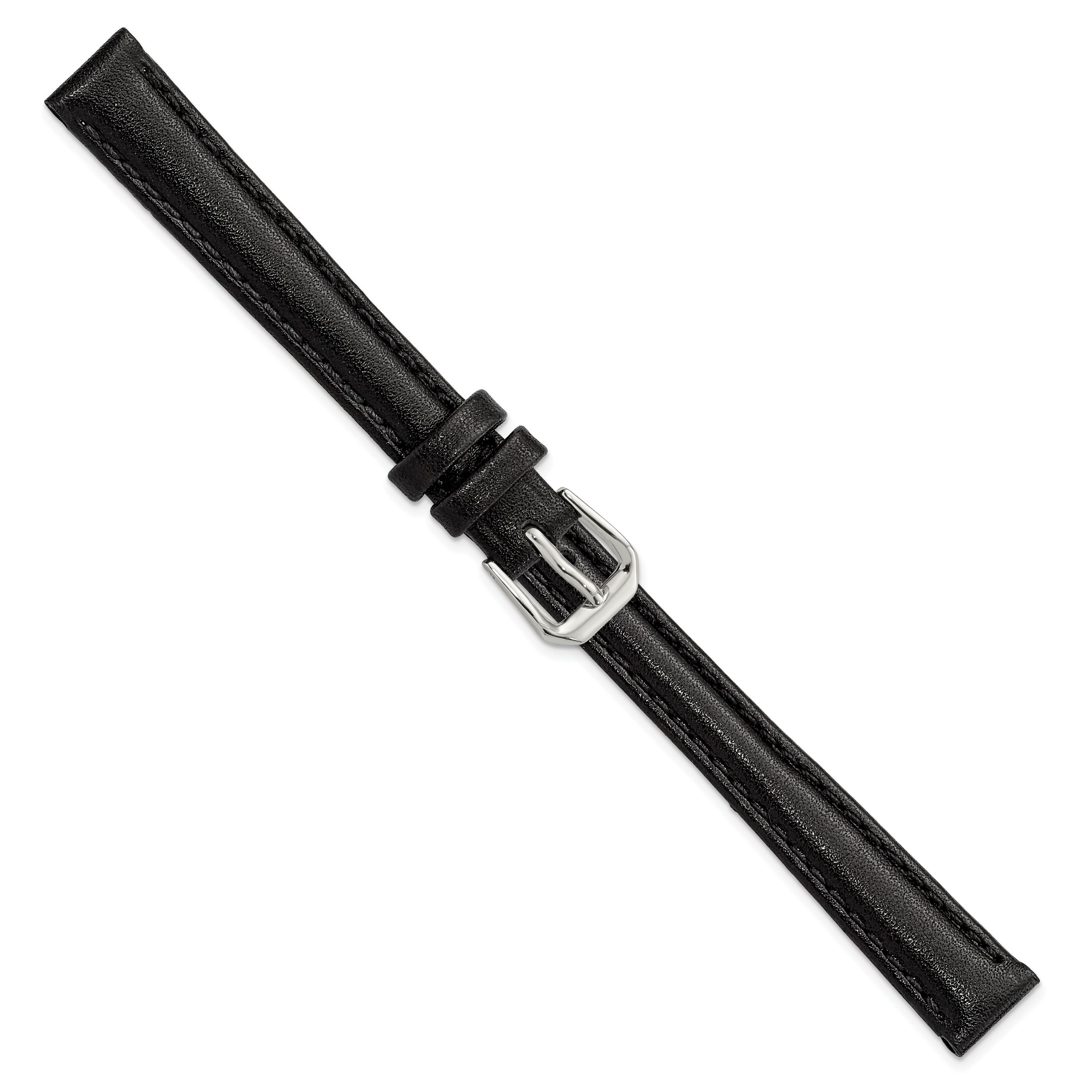 12mm Black Long Smooth Leather with Silver-tone Buckle 7.5 inch Watch Band