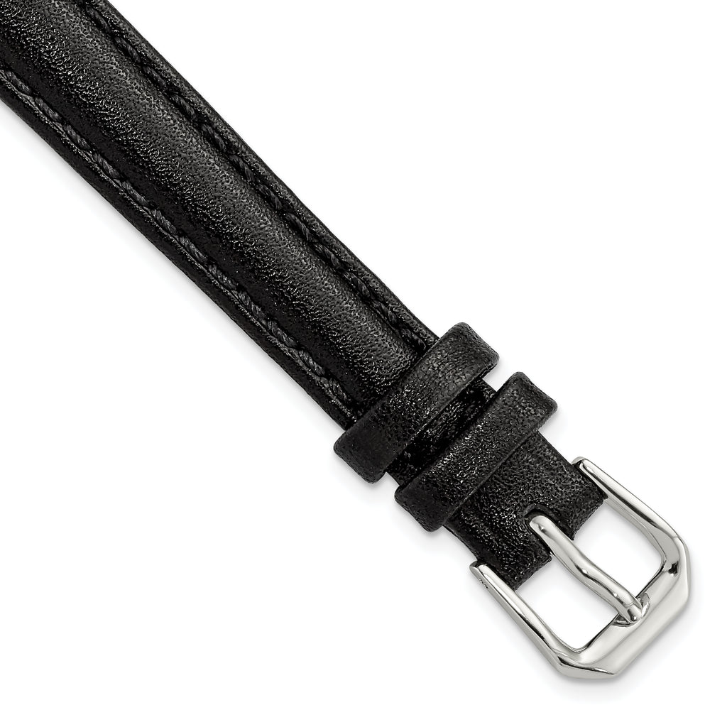 12mm Black Long Smooth Leather with Silver-tone Buckle 7.5 inch Watch Band