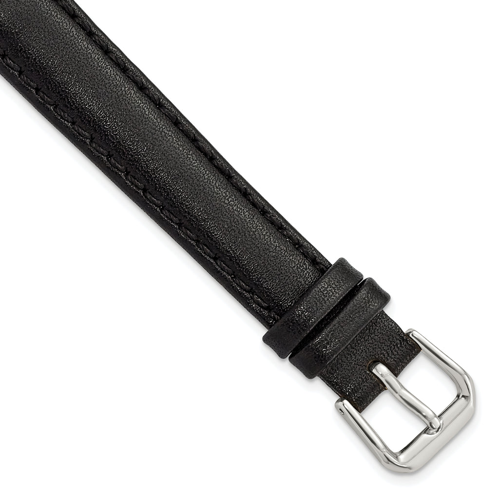 Long Smooth Leather Watch Band in Black with Silver-Tone Buckle, 16mm