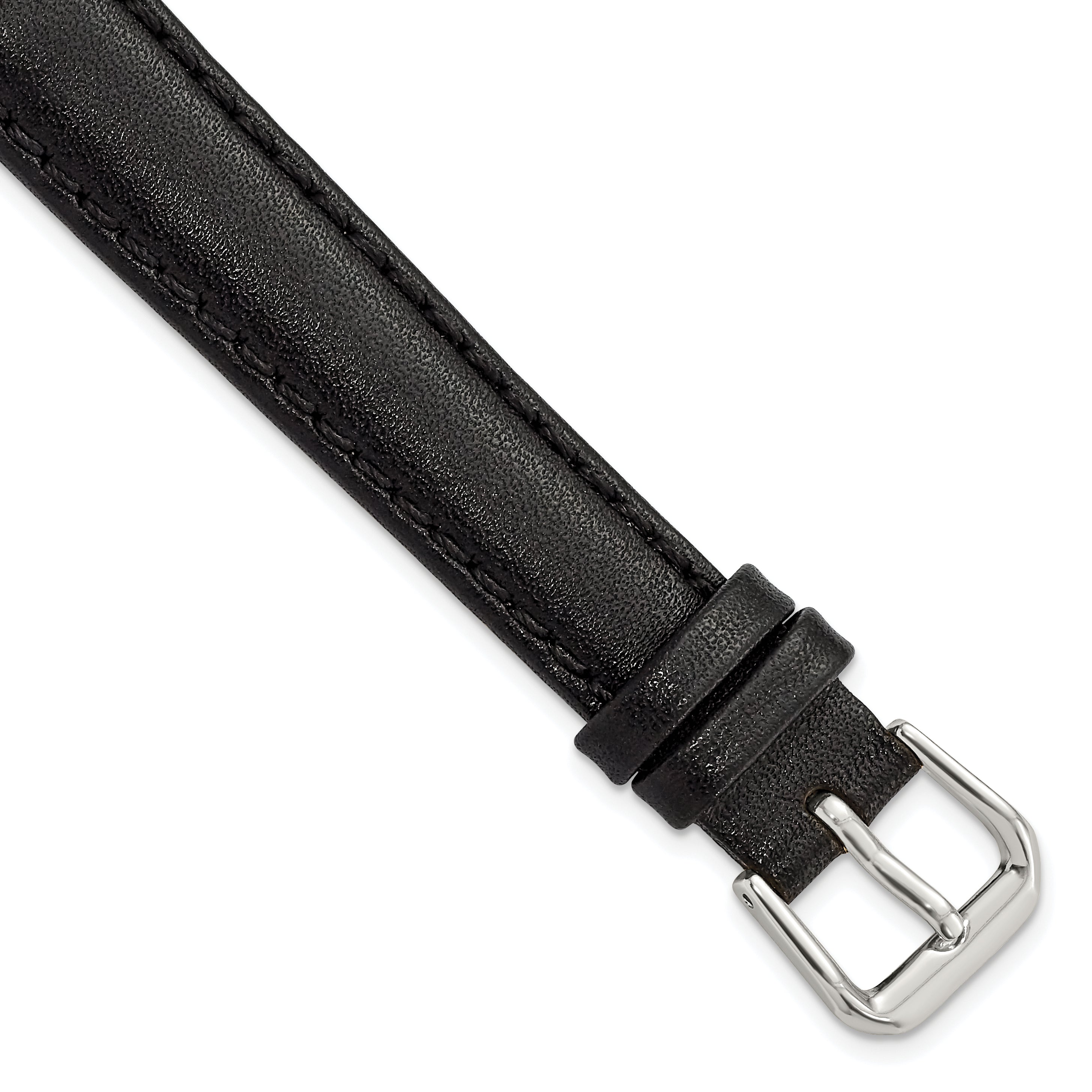 Long Smooth Leather Watch Band in Black with Silver-Tone Buckle, 16mm