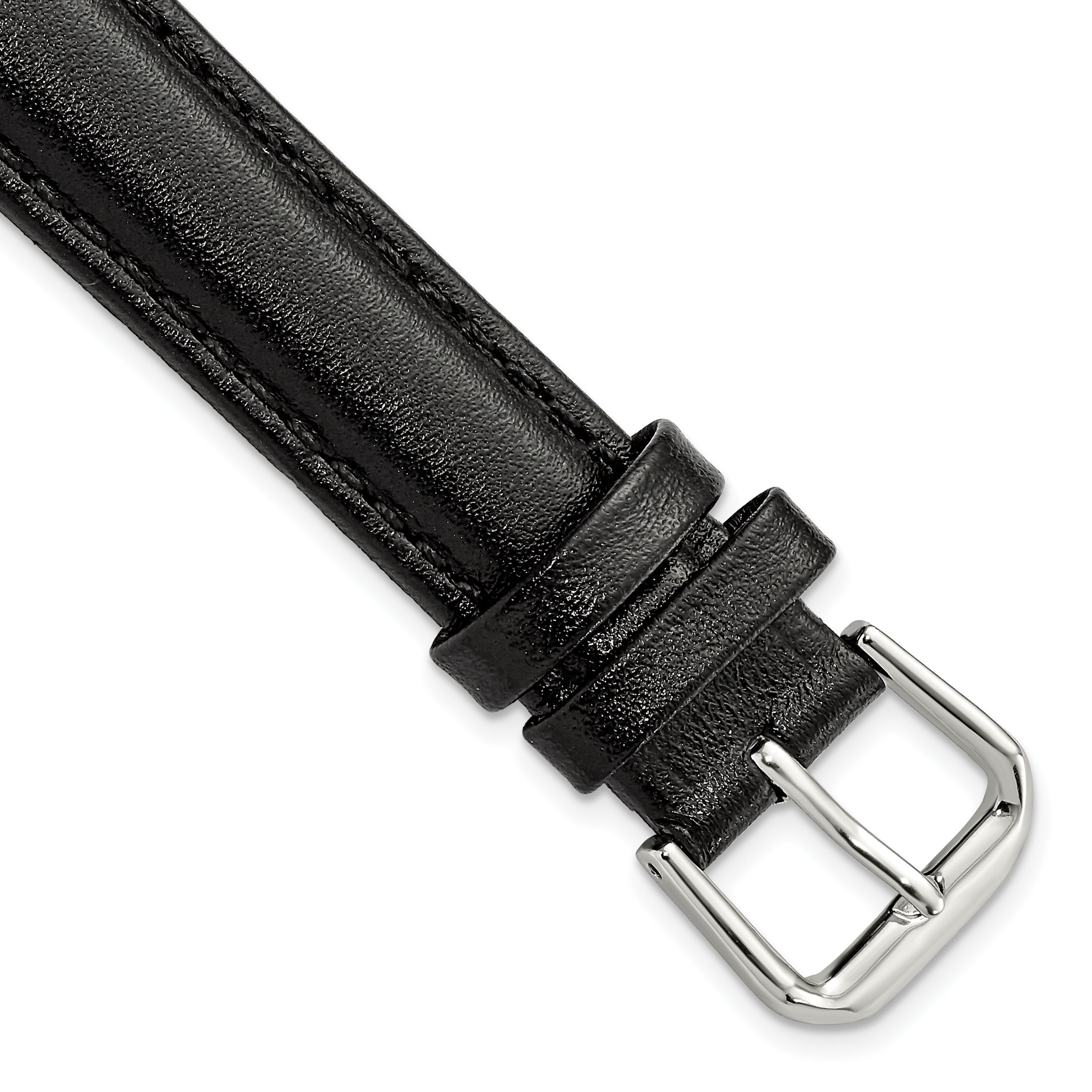 Long Smooth Leather Watch Band in Black with Silver-Tone Buckle, 16mm