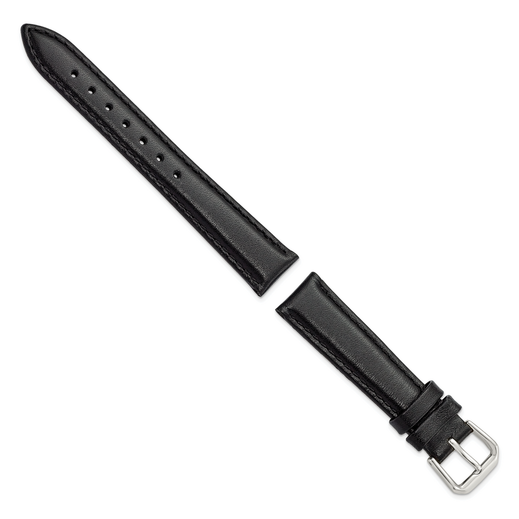 DeBeer 16mm Short Black Smooth Leather with Silver-tone Buckle 6.75 inch Watch Band