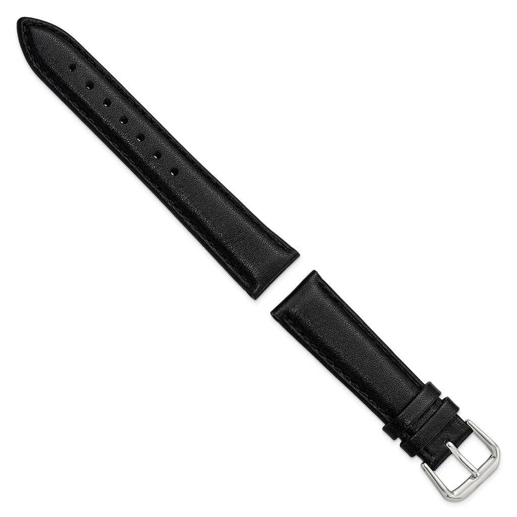 DeBeer 18mm Short Black Smooth Leather with Silver-tone Buckle 6.75 inch Watch Band