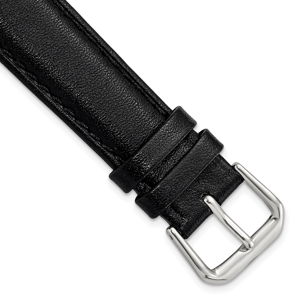 Short Black Smooth Leather Watch Band with Silver-Tone Buckle, 14mm