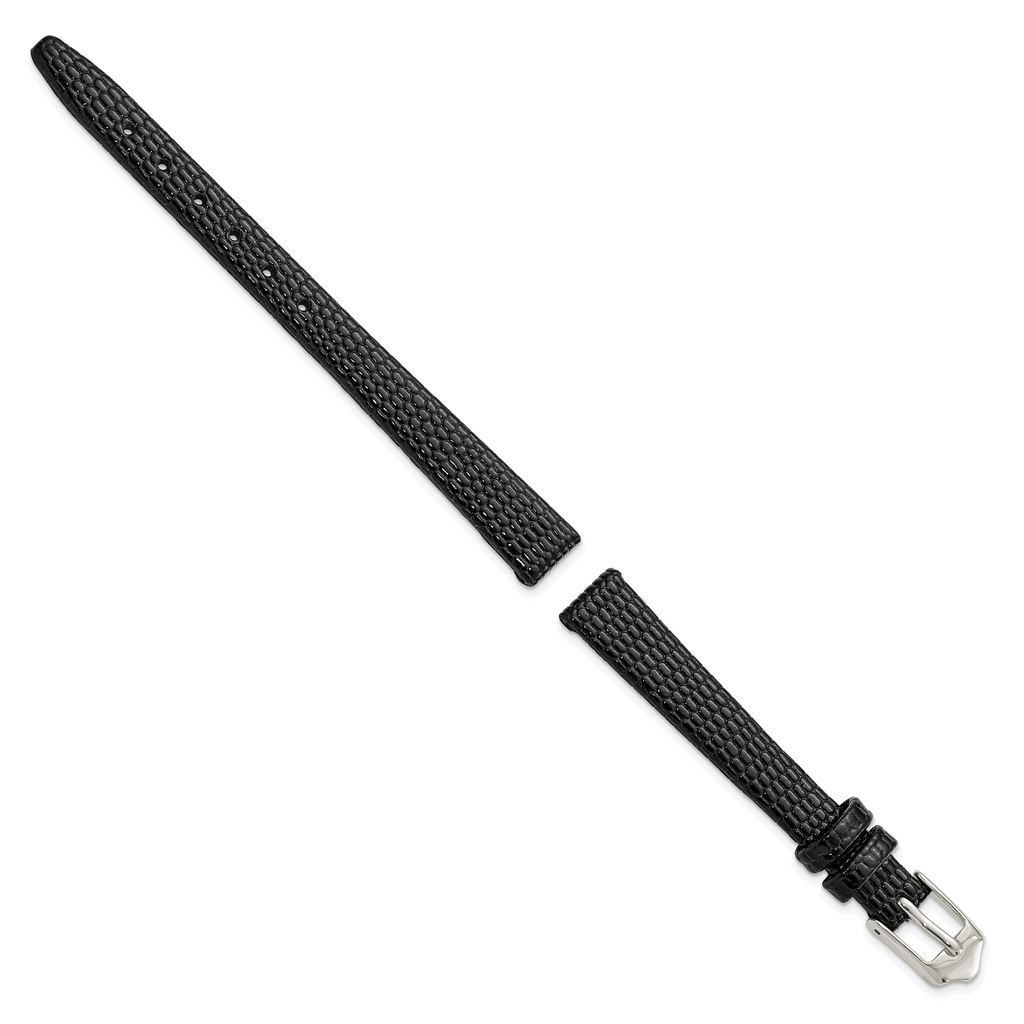 10mm Flat Black Lizard Grain Leather with Silver-tone Buckle 6.75 inch Watch Band