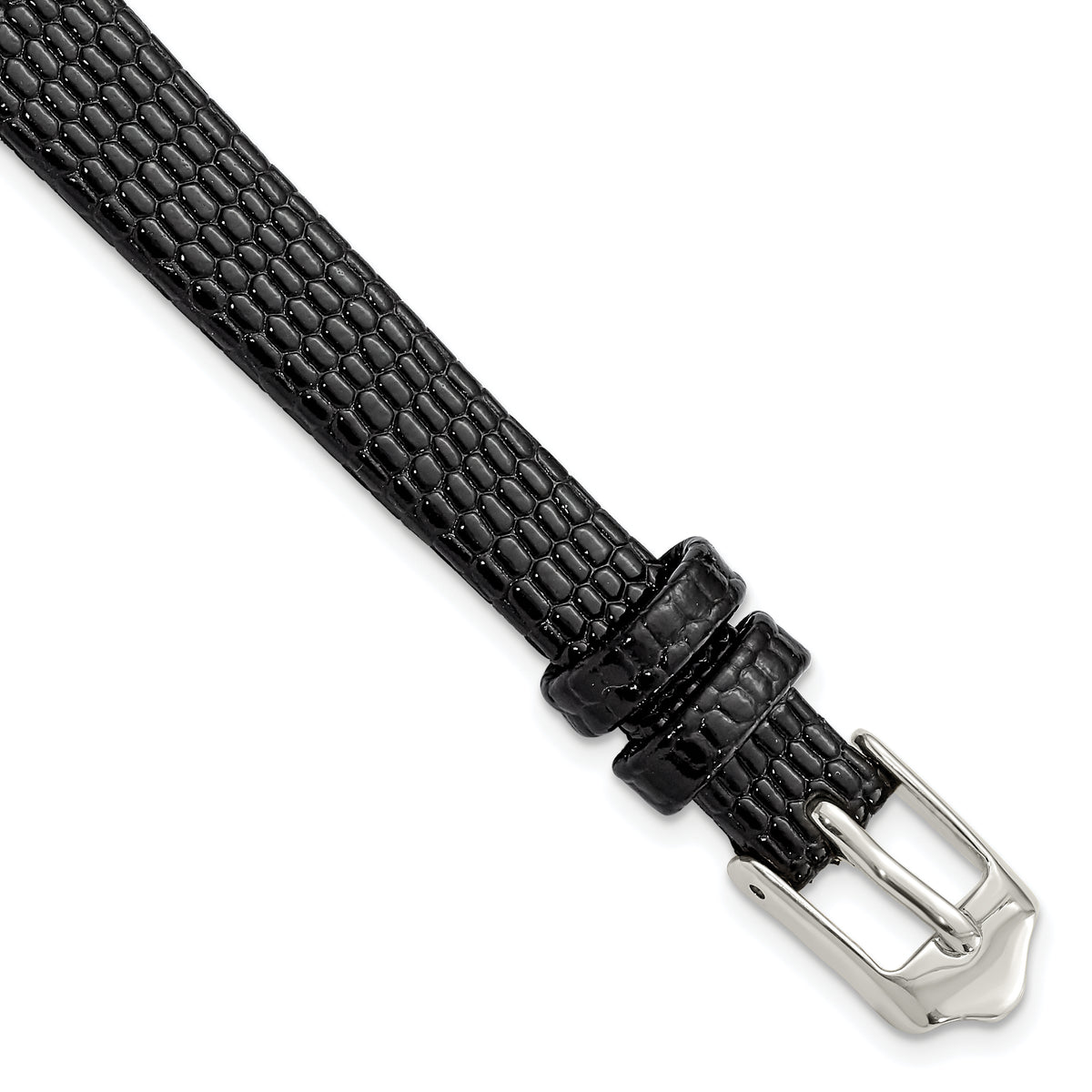 10mm Flat Black Lizard Grain Leather with Silver-tone Buckle 6.75 inch Watch Band