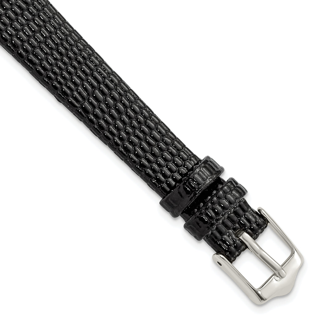 Flat Black Lizard-Grain Leather Watch Band in Silver-Tone, 14mm