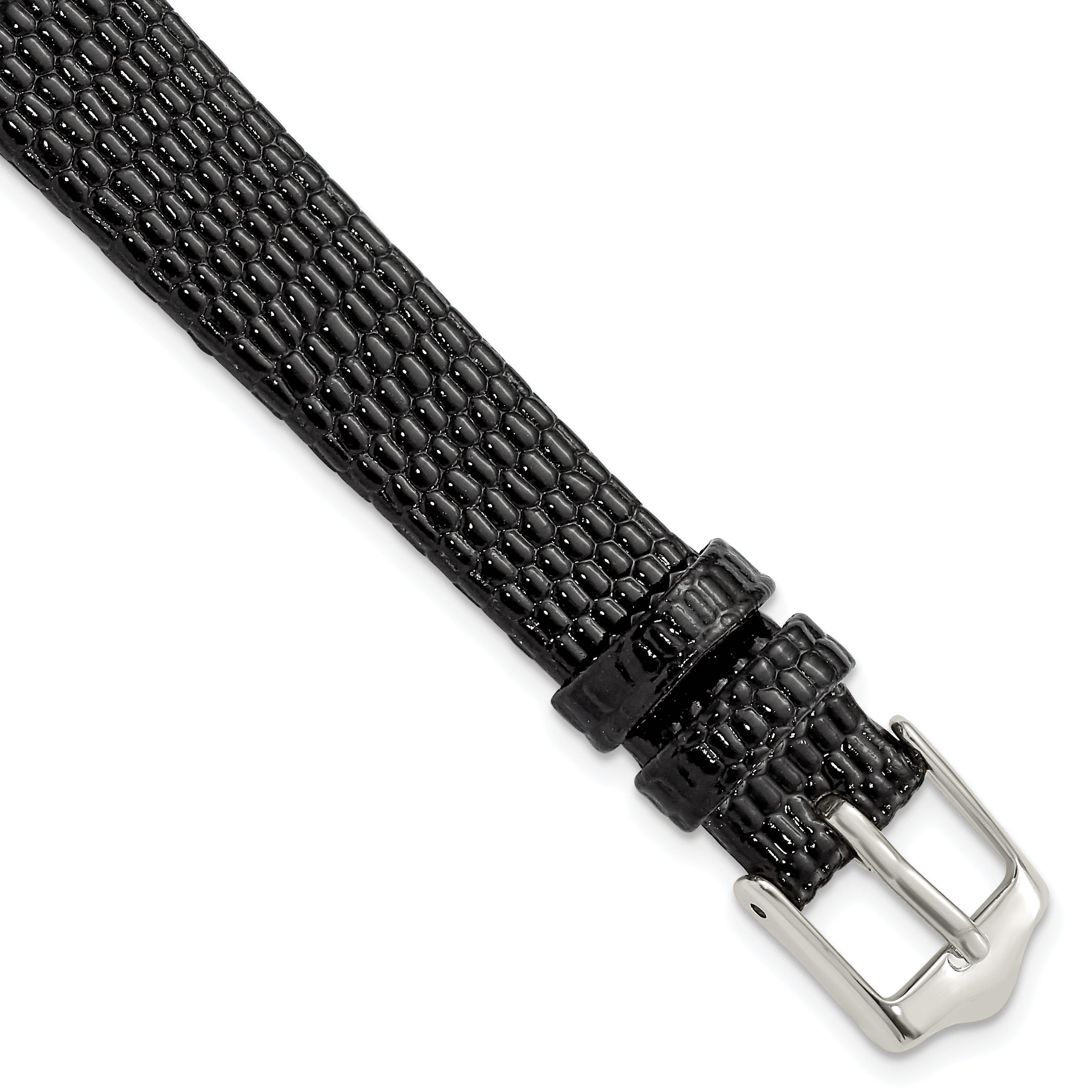 Flat Black Lizard-Grain Leather Watch Band in Silver-Tone, 14mm
