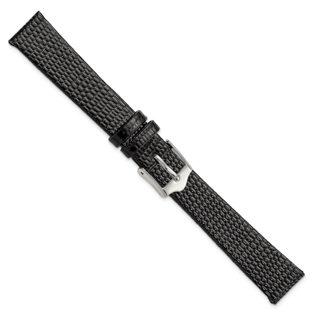 DeBeer 14mm Flat Black Lizard Grain Leather with Silver-tone Buckle 6.75 inch Watch Band