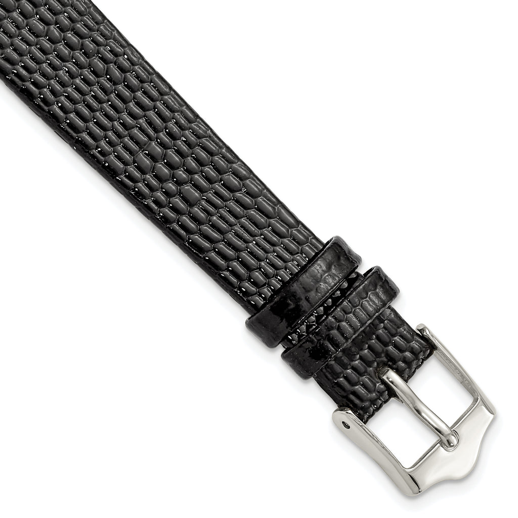 Flat Black Lizard-Grain Leather Watch Band in Silver-Tone, 14mm