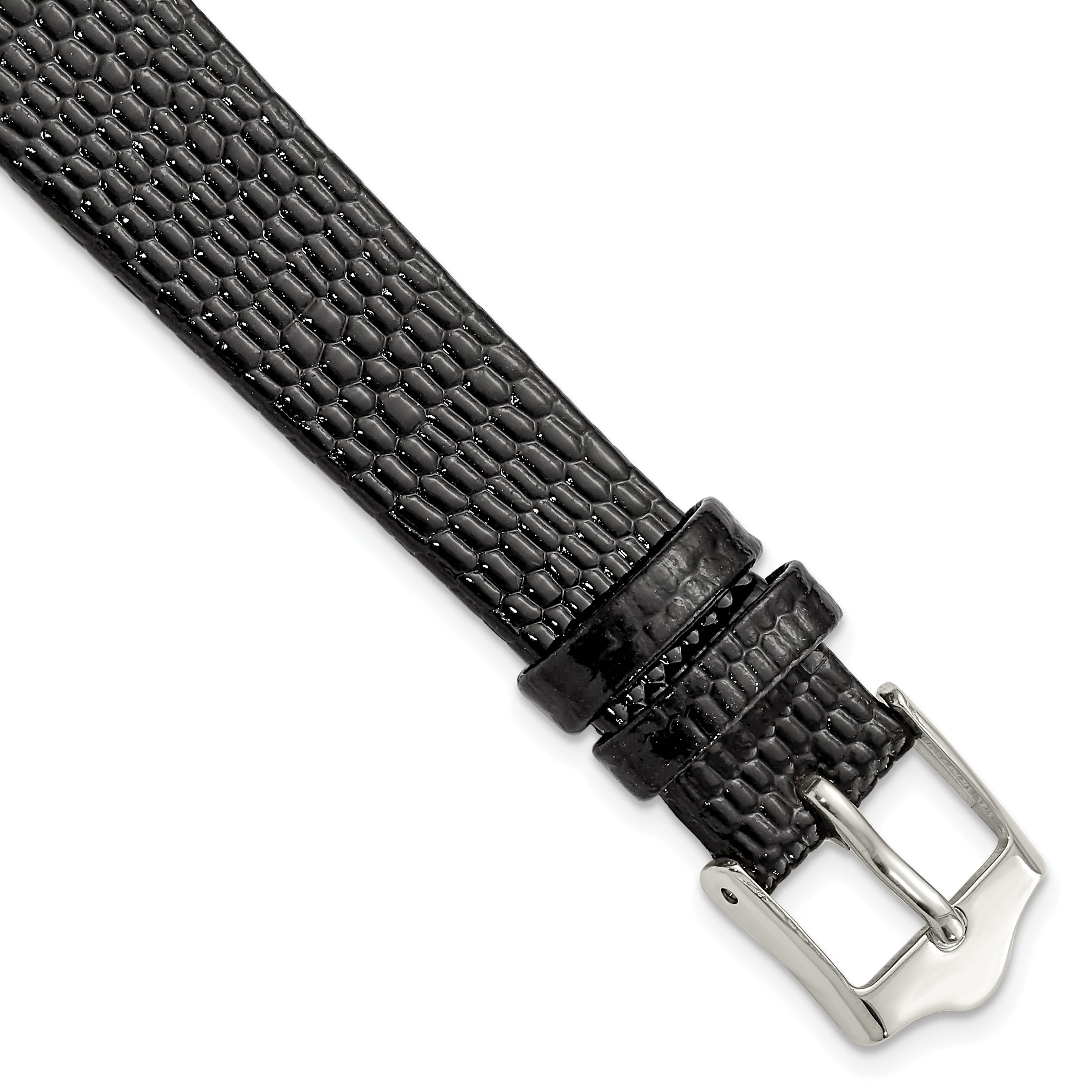 Flat Black Lizard-Grain Leather Watch Band in Silver-Tone, 14mm