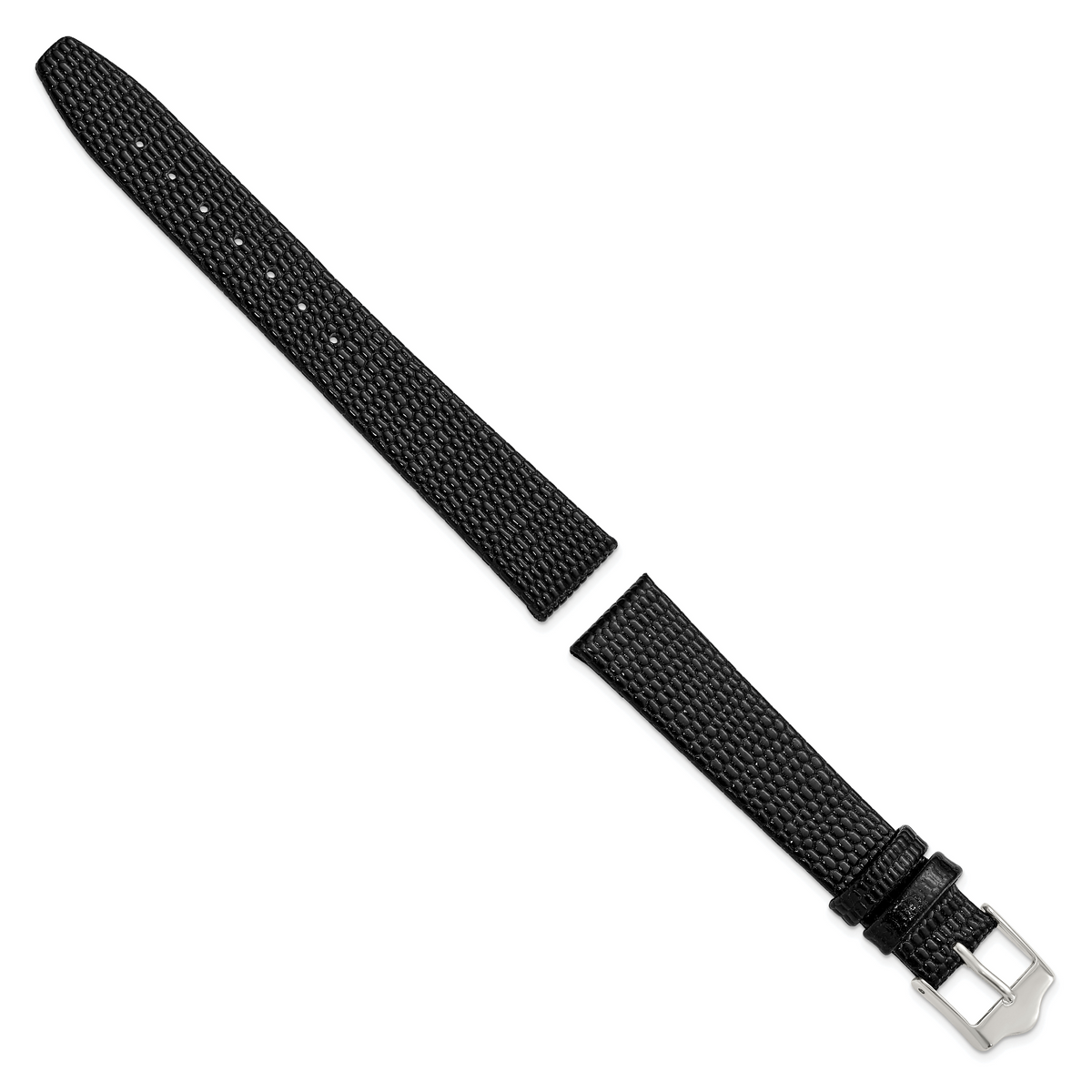 DeBeer 16mm Flat Black Lizard Grain Leather with Silver-tone Buckle 7.5 inch Watch Band