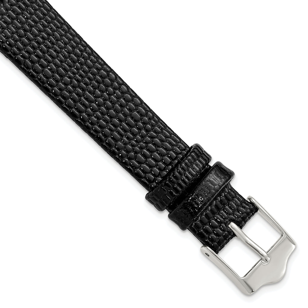 Flat Black Lizard-Grain Leather Watch Band in Silver-Tone, 14mm