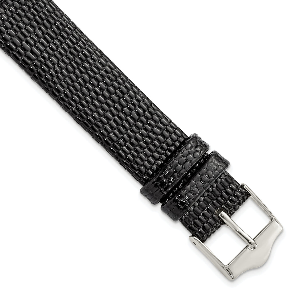 Flat Black Lizard-Grain Leather Watch Band in Silver-Tone, 14mm