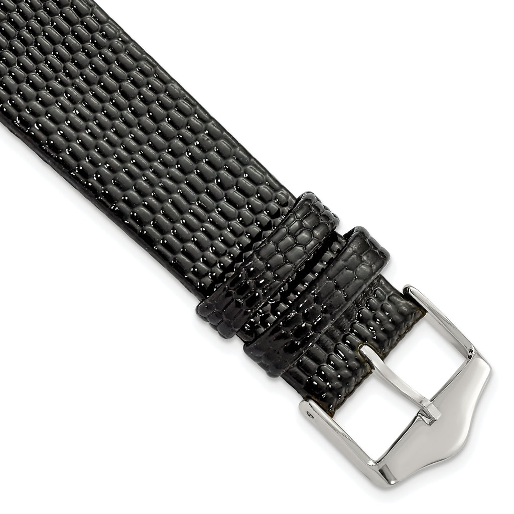 Flat Black Lizard-Grain Leather Watch Band in Silver-Tone, 14mm