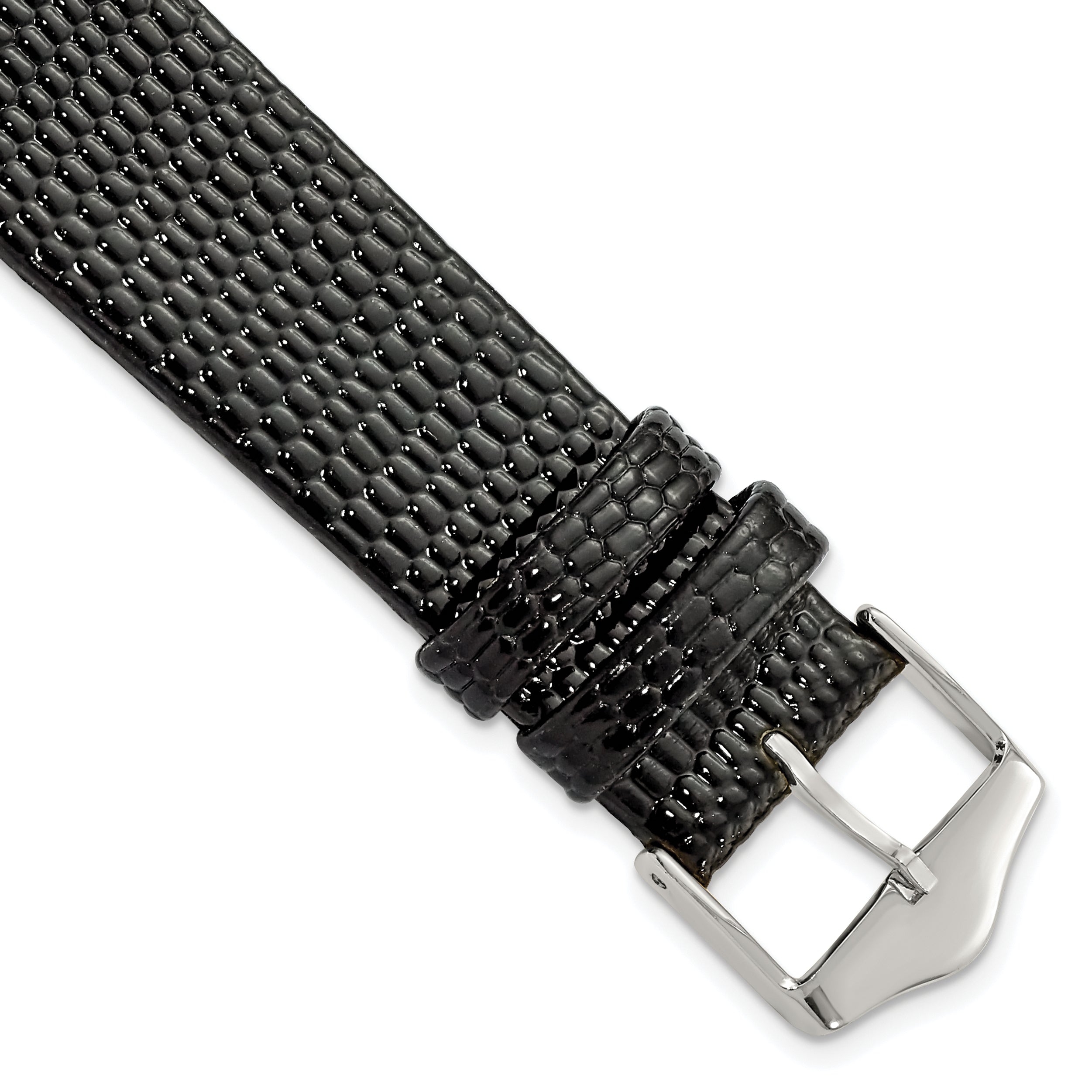 Flat Black Lizard-Grain Leather Watch Band in Silver-Tone, 14mm