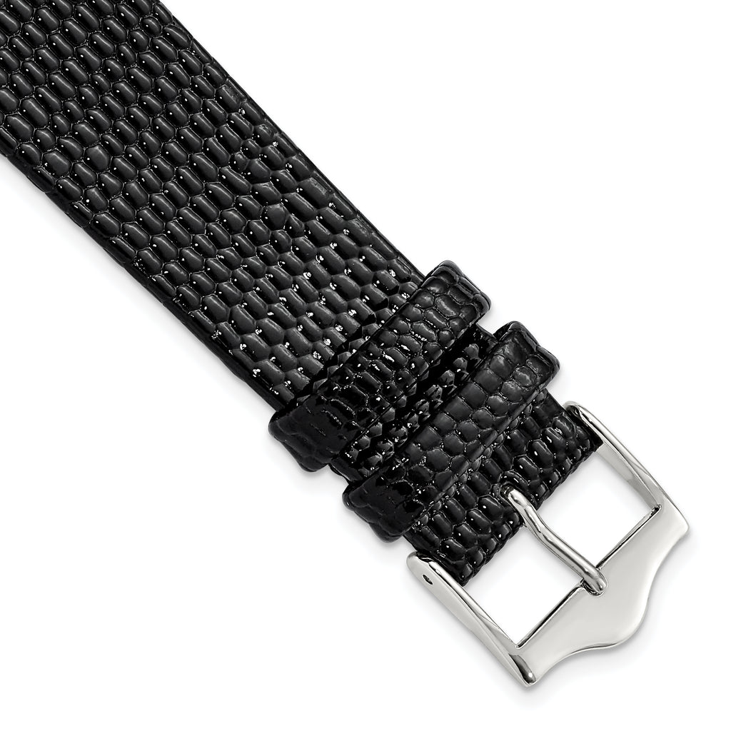 Flat Black Lizard-Grain Leather Watch Band in Silver-Tone, 14mm