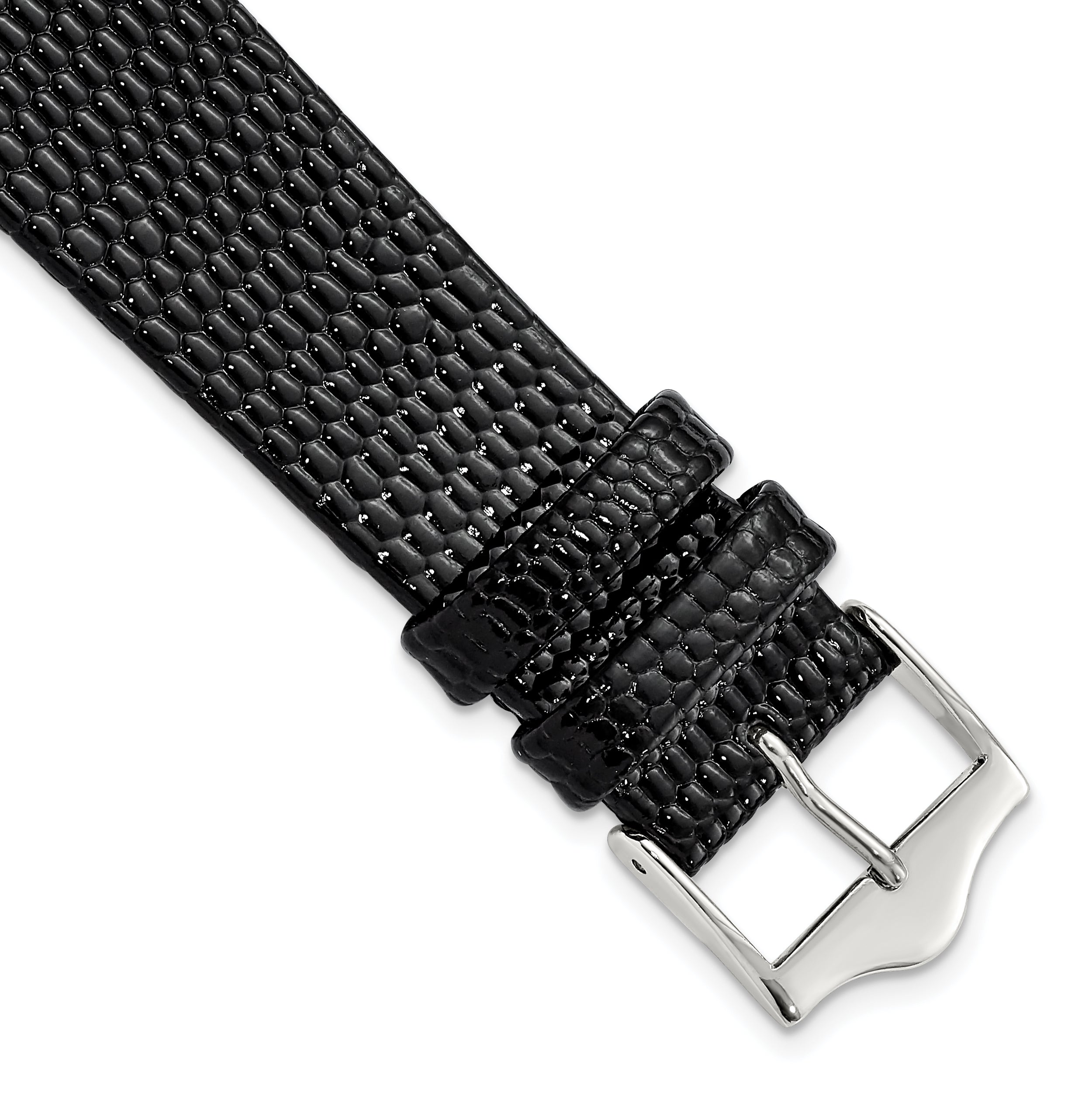 Flat Black Lizard-Grain Leather Watch Band in Silver-Tone, 14mm