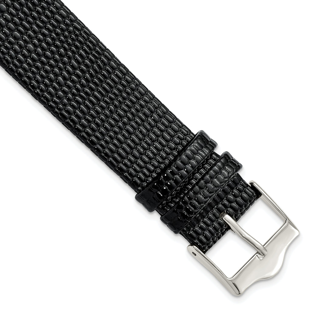 Flat Black Lizard-Grain Leather Watch Band in Silver-Tone, 14mm
