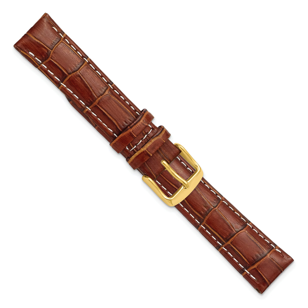 16mm Havana Crocodile Grain Chronograph Leather with White Stitching and Gold-tone Buckle 7.5 inch W - Sophia Jewelers
