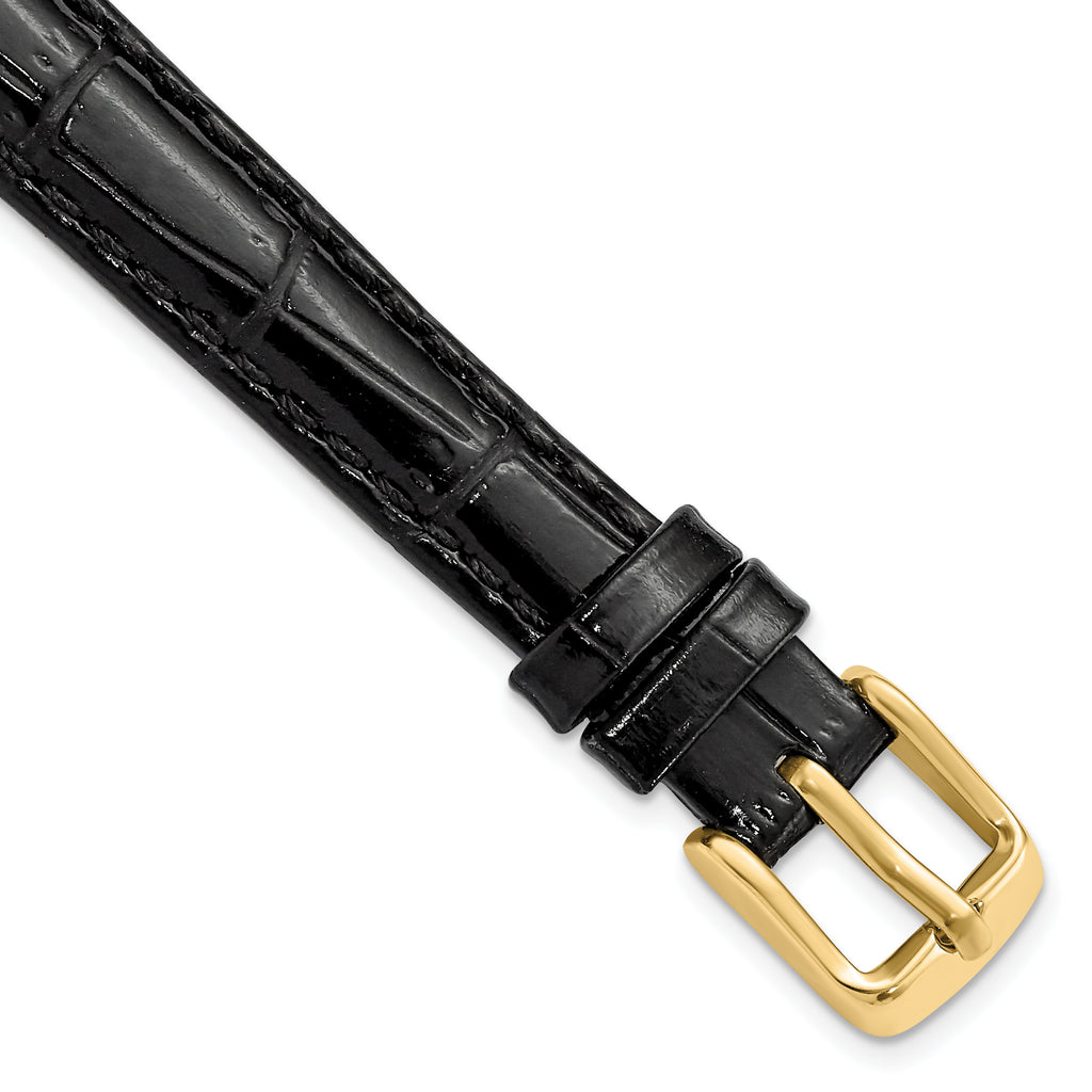 12mm Black Crocodile Grain Chronograph Leather with Gold-tone Buckle 6.75 inch Watch Band