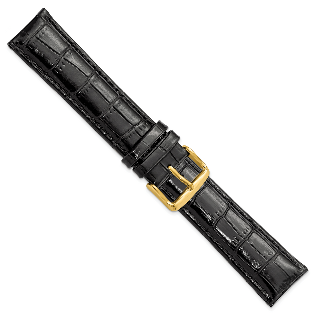 16mm Long Black Crocodile Grain Chronograph Leather with Gold-tone Buckle 8.5 inch Watch Band