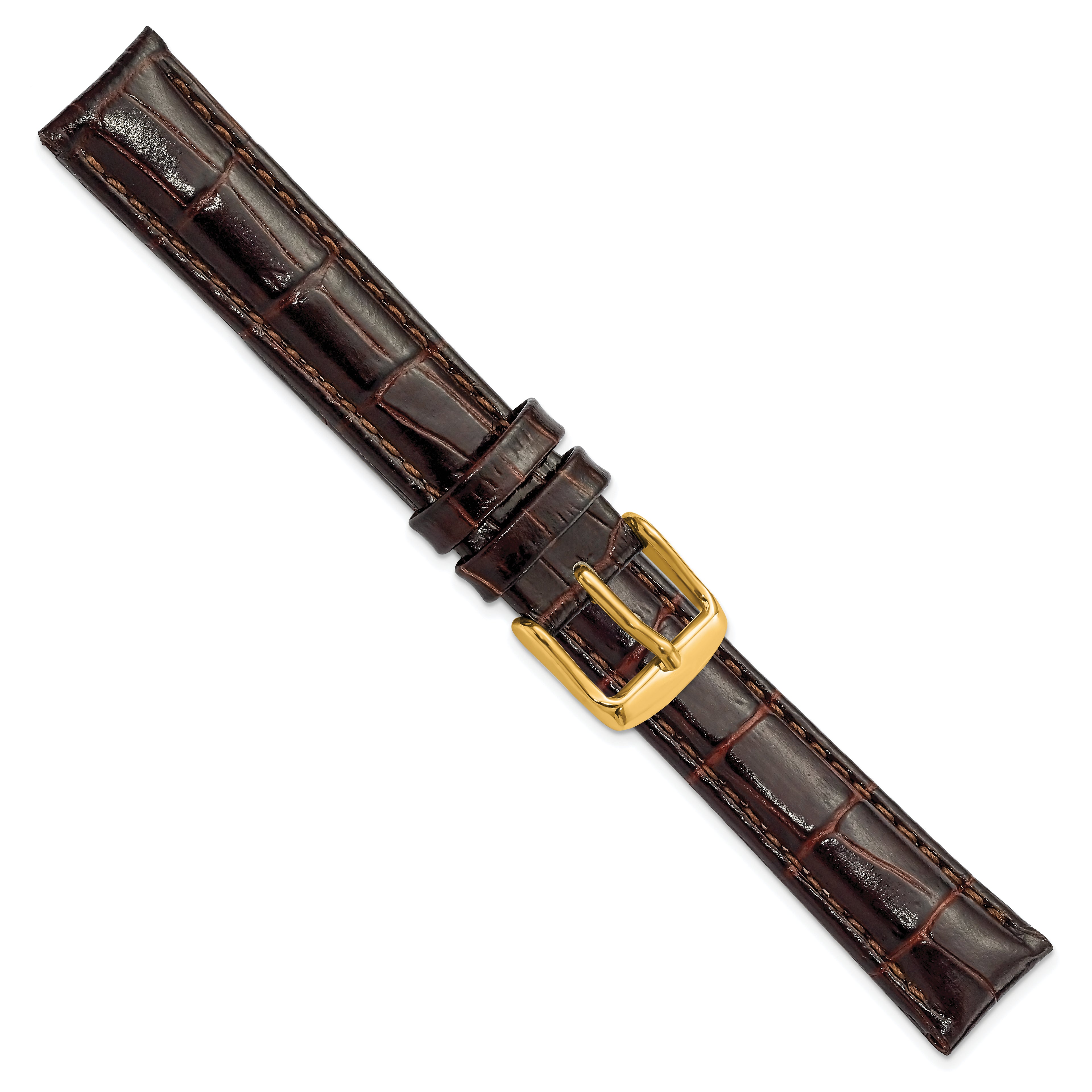 16mm Long Dark Brown Crocodile Grain Chronograph Leather with Gold-tone Buckle 8.5 inch Watch Band