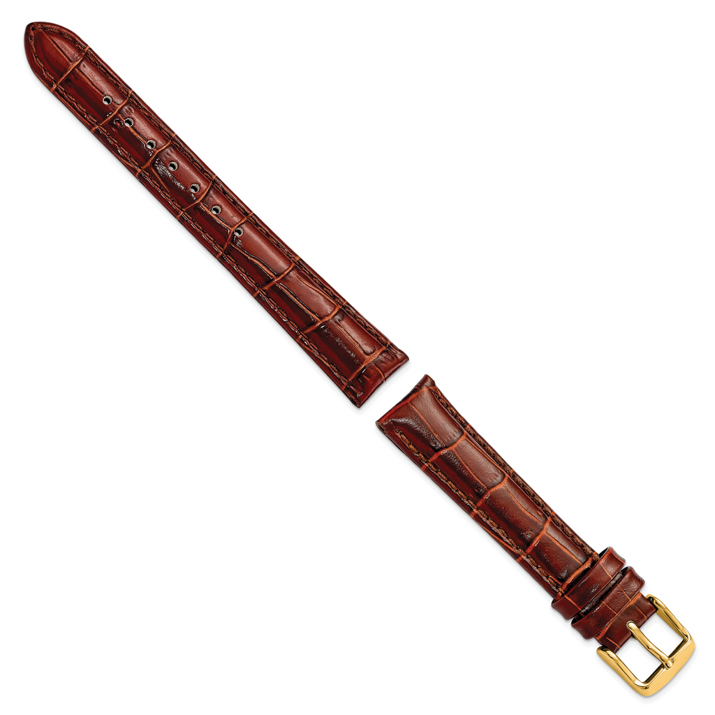 16mm Long Havana Crocodile Grain Chronograph Leather with Gold-tone Buckle 8.5 inch Watch Band