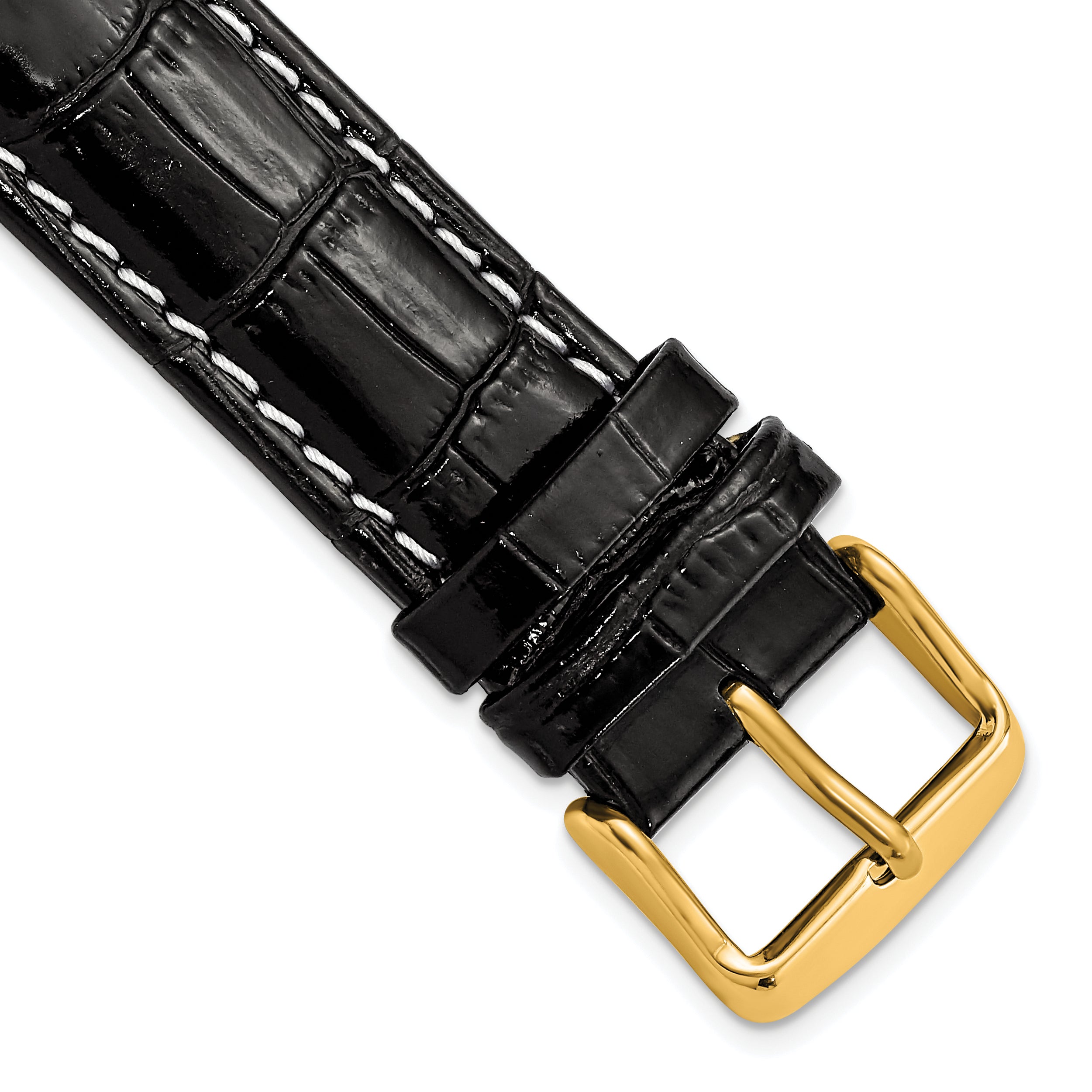 12mm Black Crocodile Grain Chronograph Leather with White Stitching and Gold-tone Buckle 7.5 inch Watch Band