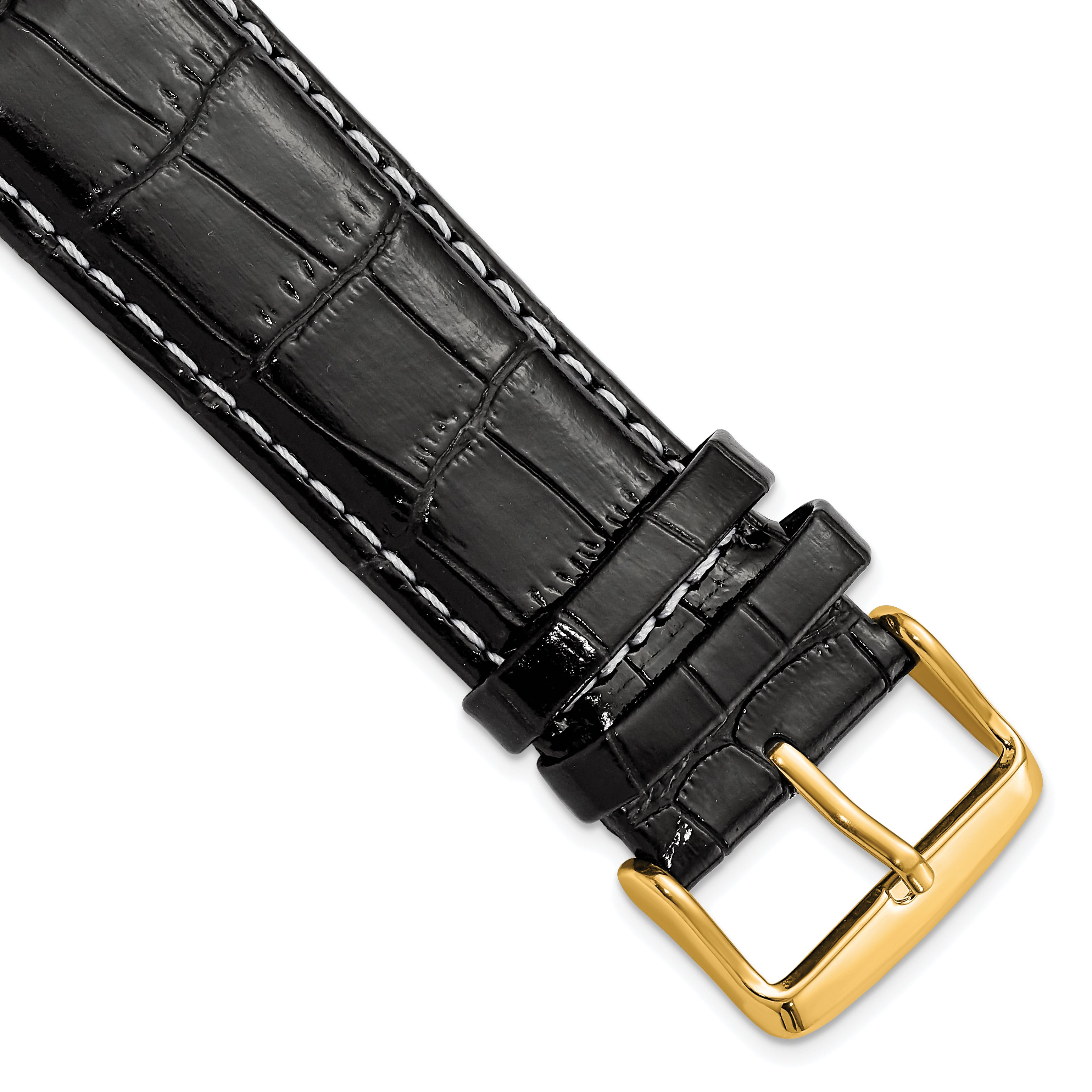 12mm Black Crocodile Grain Chronograph Leather with White Stitching and Gold-tone Buckle 7.5 inch Watch Band