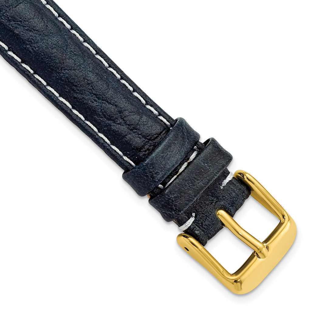 16mm Navy Sport Leather with White Stitching and Gold-tone Buckle 7.5 inch Watch Band