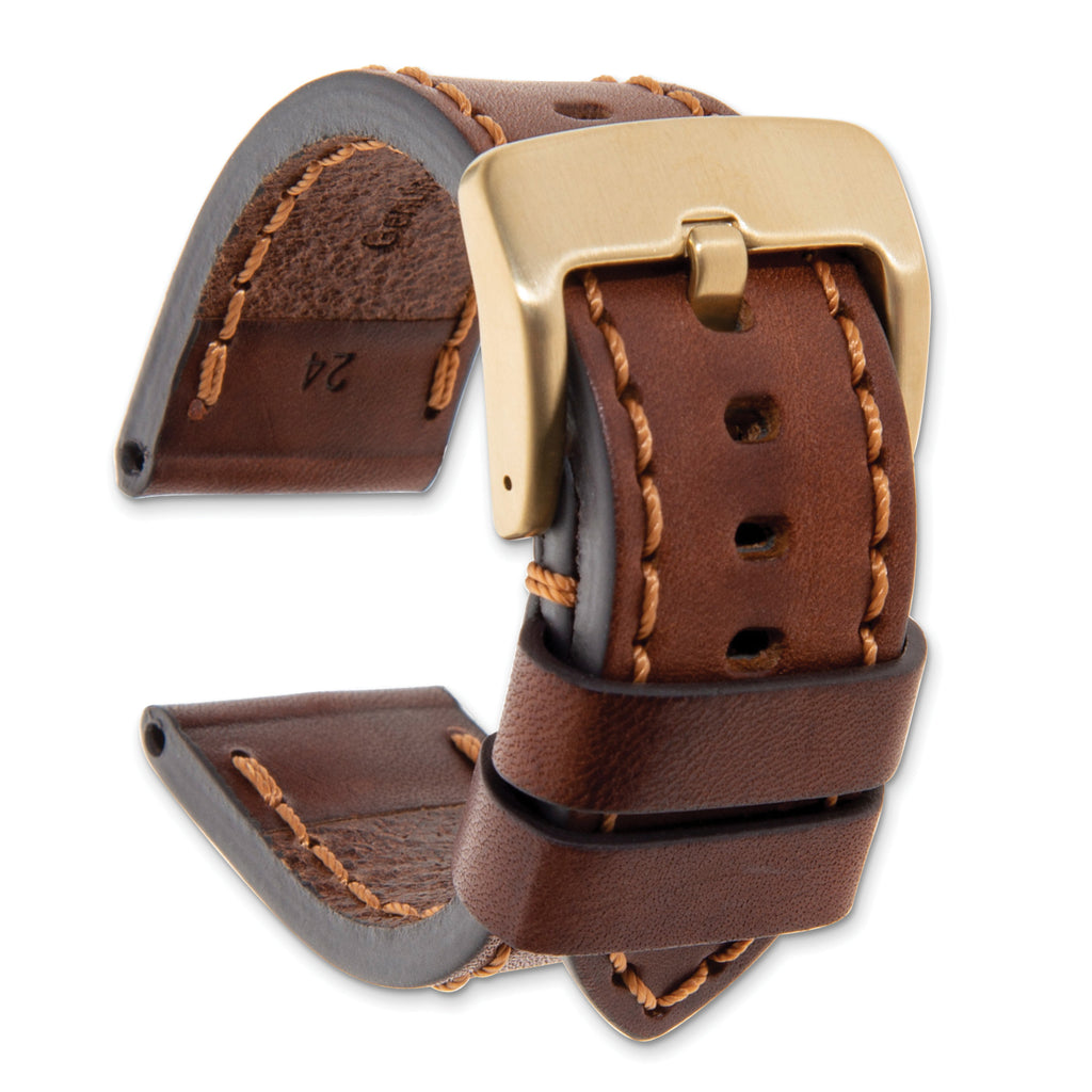 Brown Calfskin Leather Watch Band with Brown Stitching and Gold-Tone Buckle 24mm