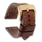 Brown Calfskin Leather Watch Band with Brown Stitching and Gold-Tone Buckle 24mm