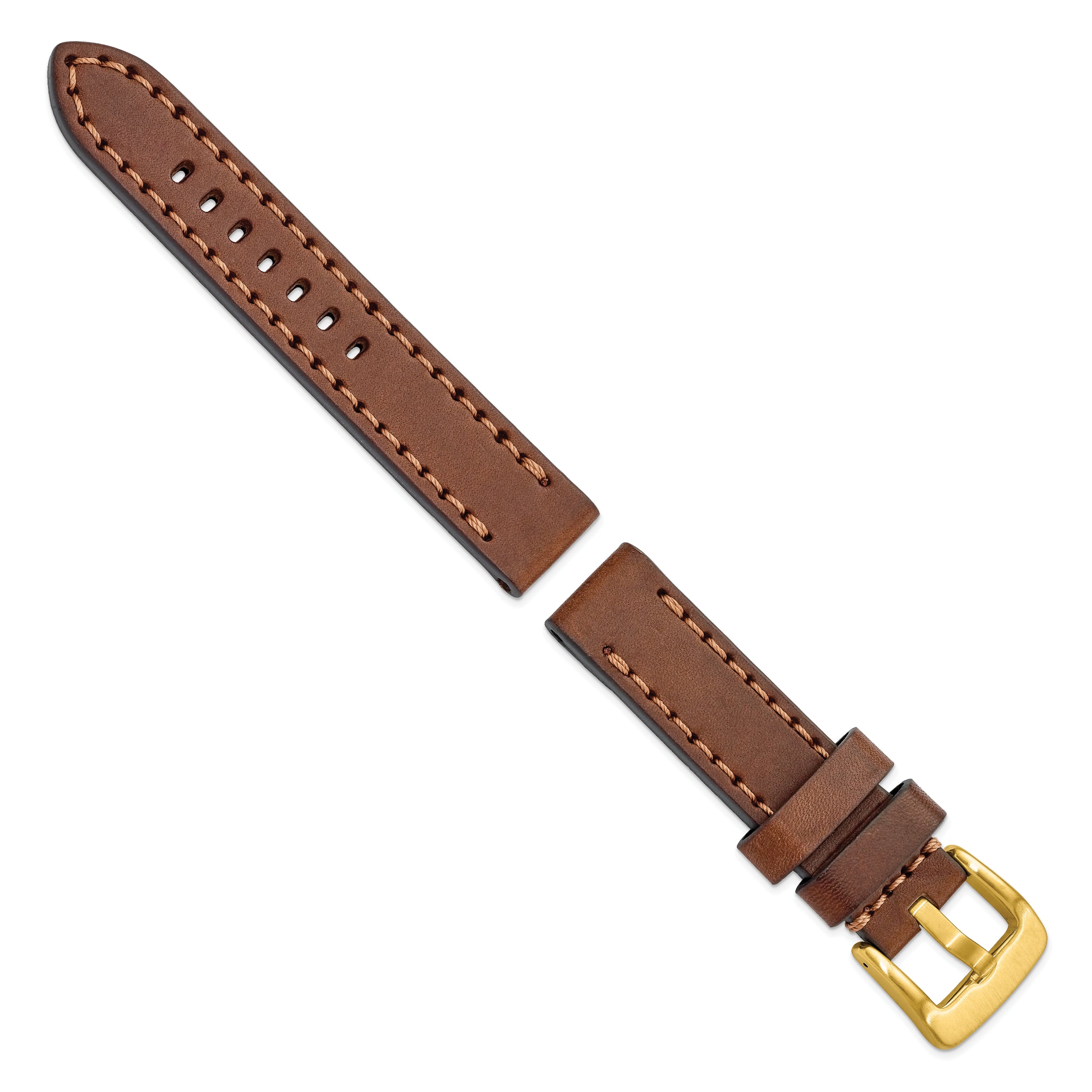 20mm Brown Thick and Heavy Sport Calfskin Leather with Brown Stitching and Yellow IP-plated Stainless Steel Buckle 8.1 inch Watch Band