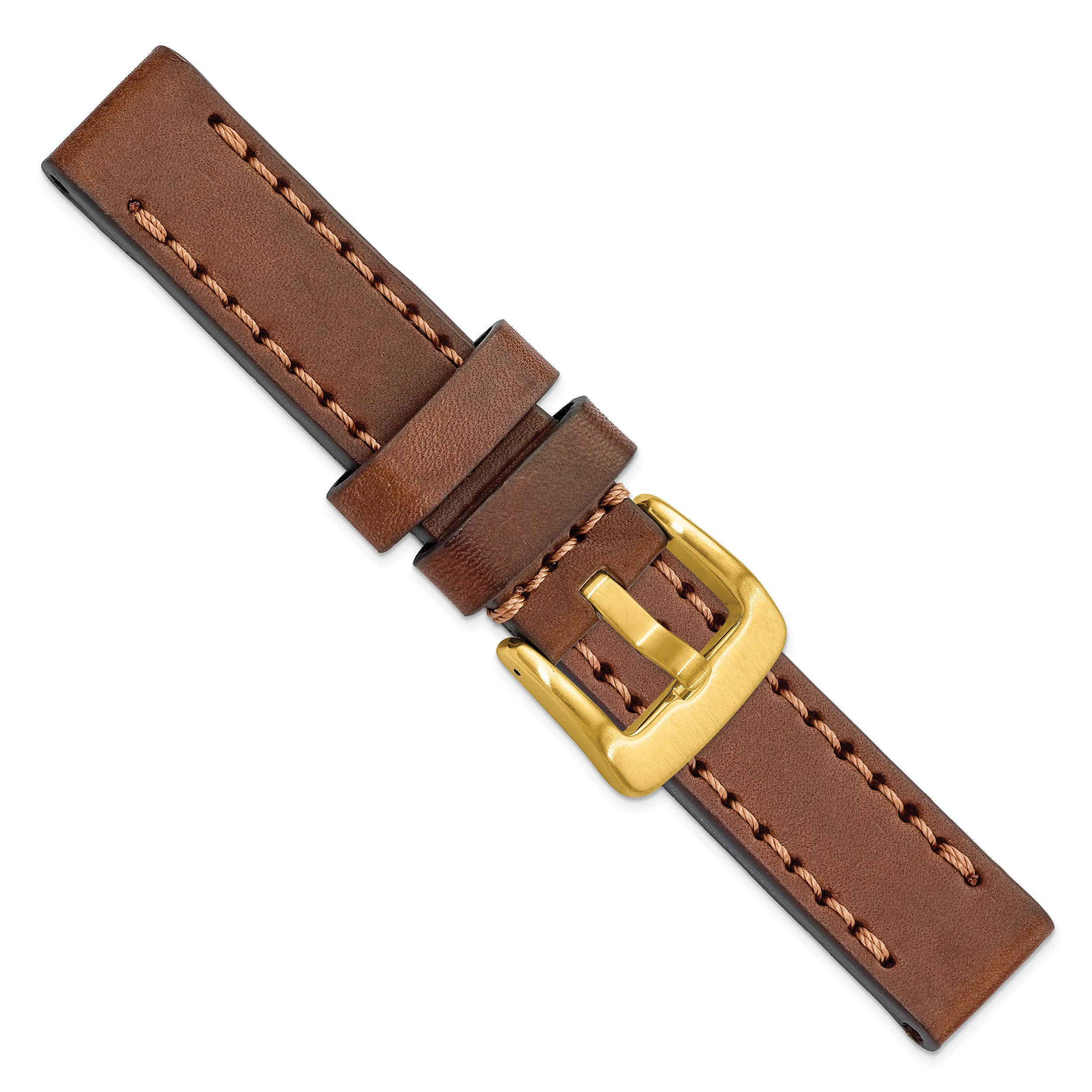 20mm Brown Thick and Heavy Sport Calfskin Leather with Brown Stitching and Yellow IP-plated Stainless Steel Buckle 8.1 inch Watch Band