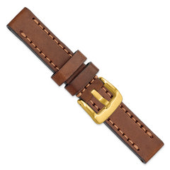 20mm Brown Thick and Heavy Sport Calfskin Leather with Brown Stitching and Yellow IP-plated Stainless Steel Buckle 8.1 inch Watch Band