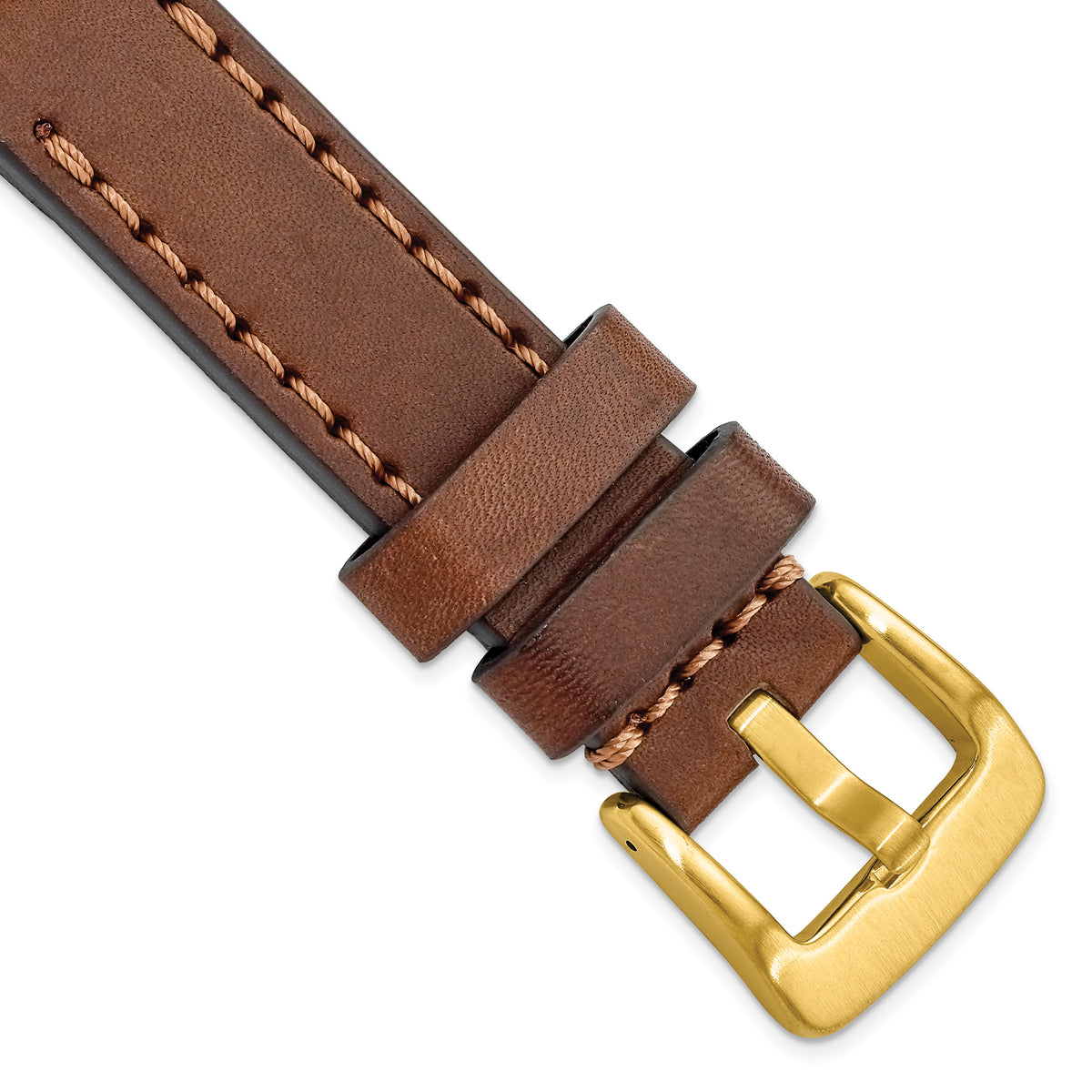 20mm Brown Thick and Heavy Sport Calfskin Leather with Brown Stitching and Yellow IP-plated Stainless Steel Buckle 8.1 inch Watch Band