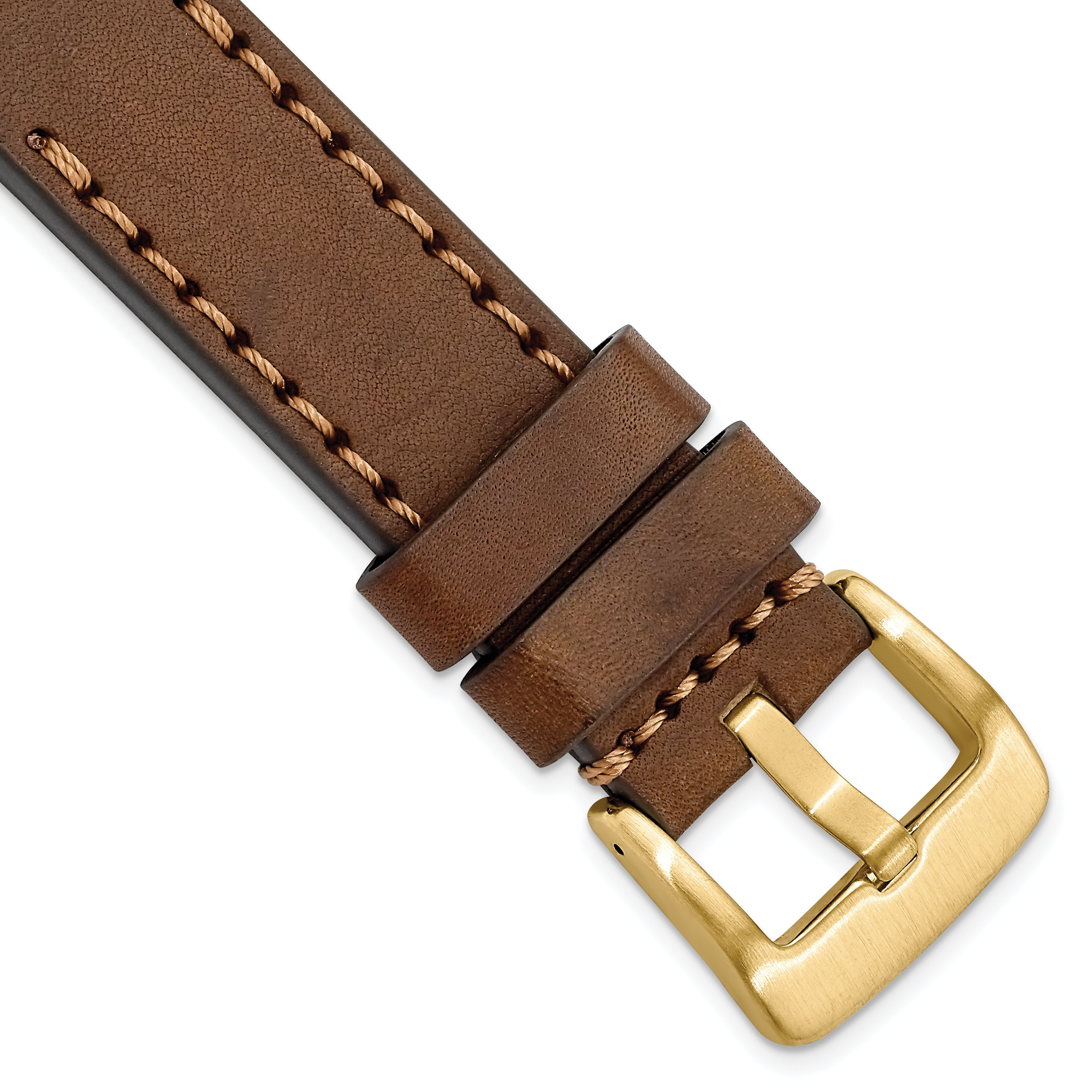 20mm Brown Thick and Heavy Sport Calfskin Leather with Brown Stitching and Yellow IP-plated Stainless Steel Buckle 8.1 inch Watch Band
