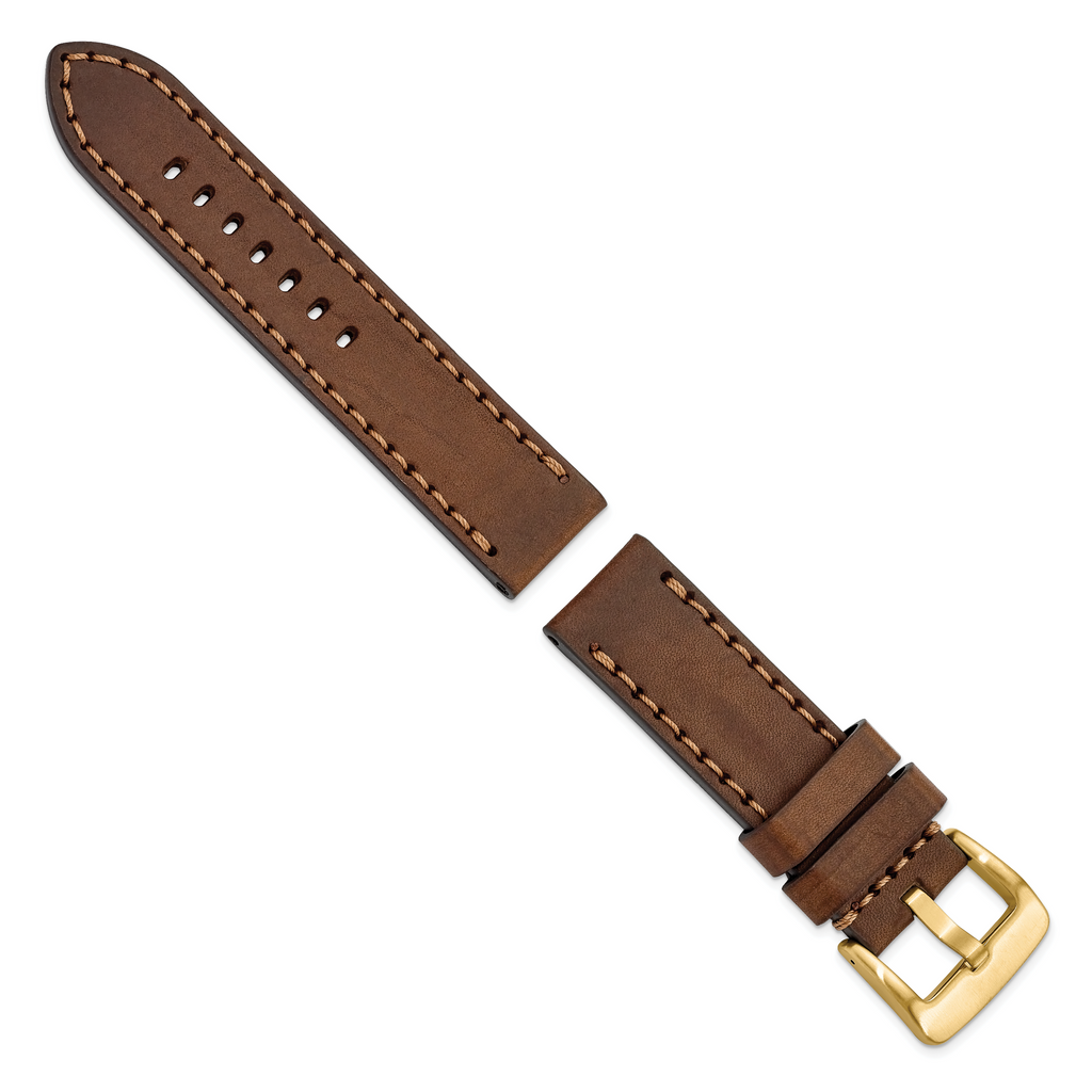 Brown Calfskin Leather Watch Band with Brown Stitching and Gold-Tone Buckle 24mm