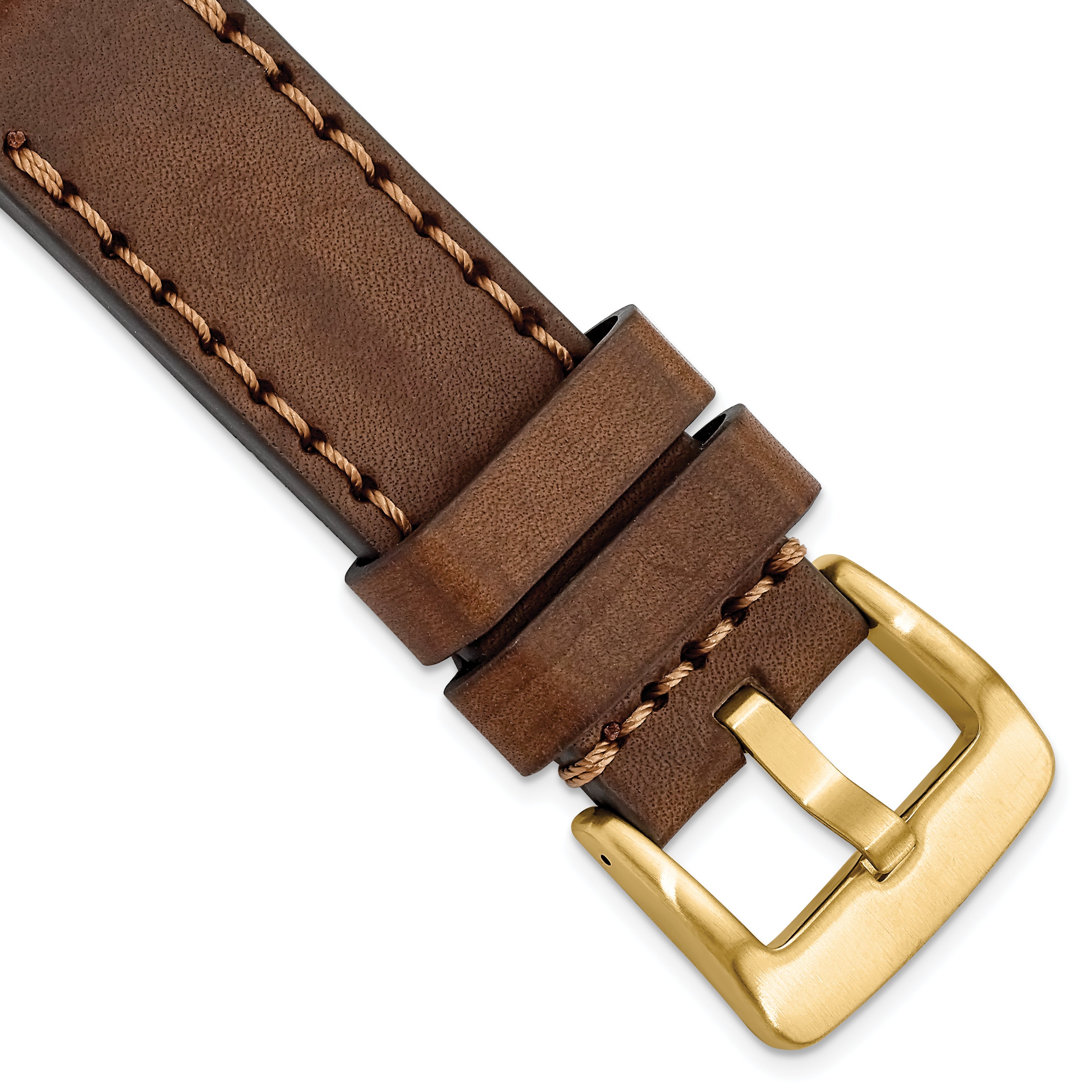 20mm Brown Thick and Heavy Sport Calfskin Leather with Brown Stitching and Yellow IP-plated Stainless Steel Buckle 8.1 inch Watch Band