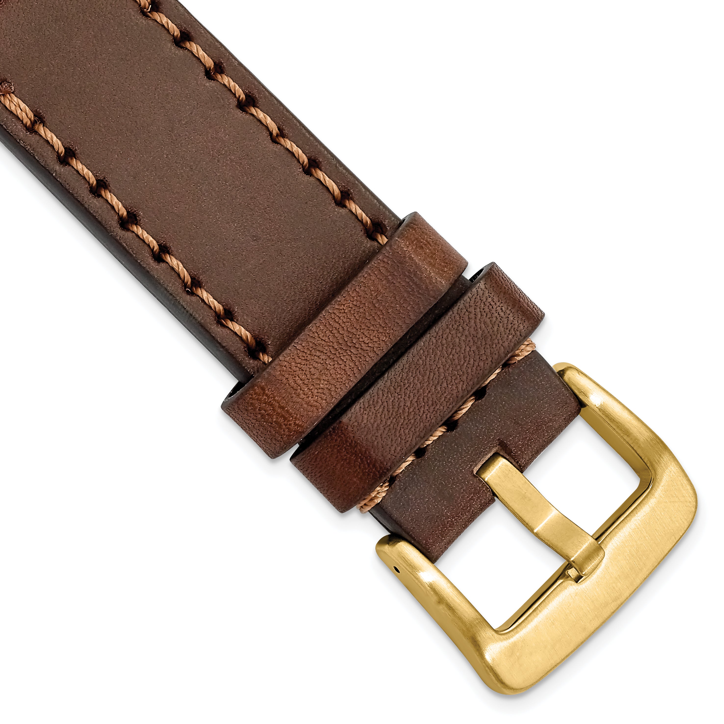 20mm Brown Thick and Heavy Sport Calfskin Leather with Brown Stitching and Yellow IP-plated Stainless Steel Buckle 8.1 inch Watch Band