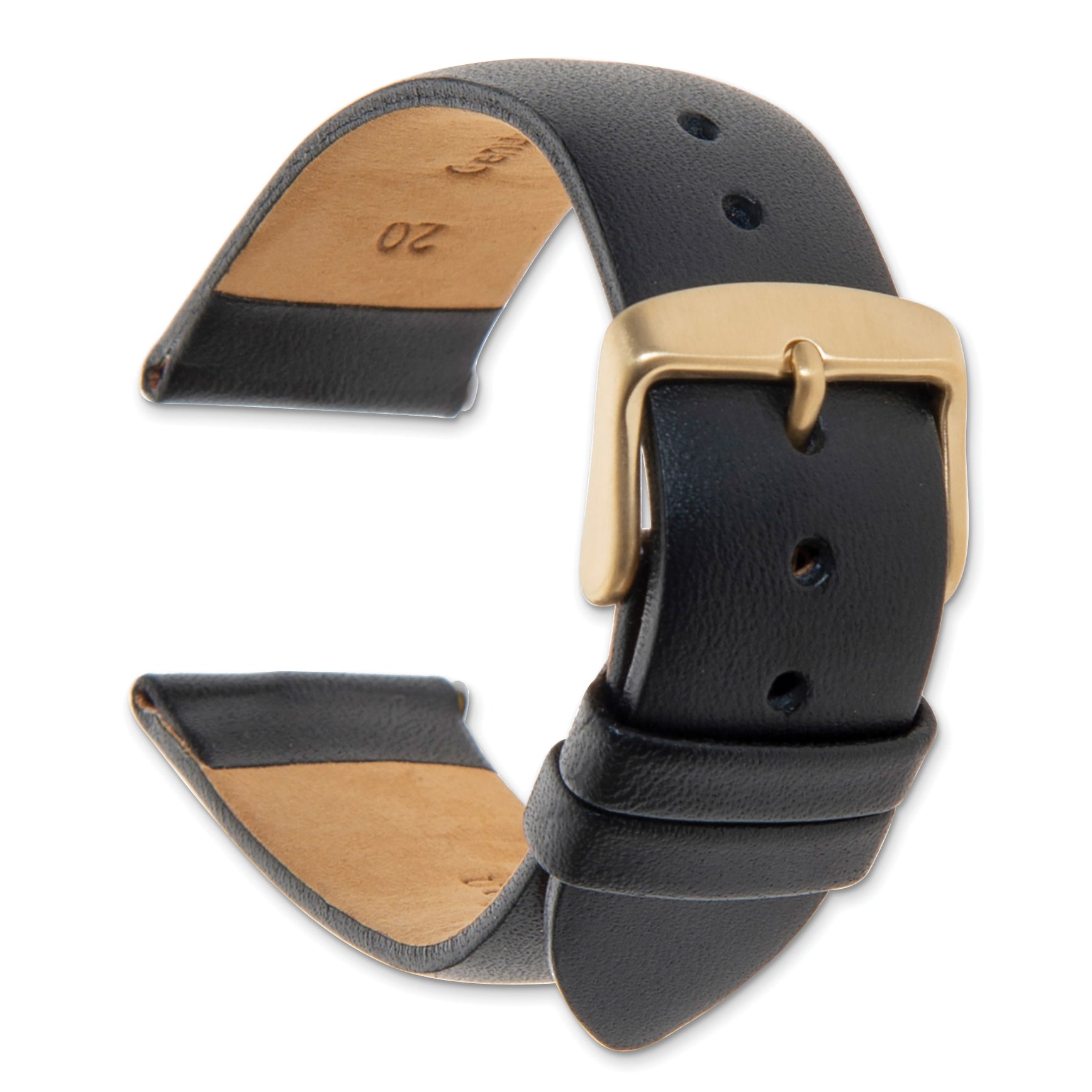 20mm Black Padded No-Stitch Calfskin Leather with Gold IP-plated Stainless Steel Buckle 7.5 inch Watch Band
