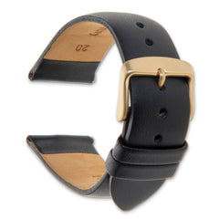 20mm Black Padded No-Stitch Calfskin Leather with Gold IP-plated Stainless Steel Buckle 7.5 inch Watch Band